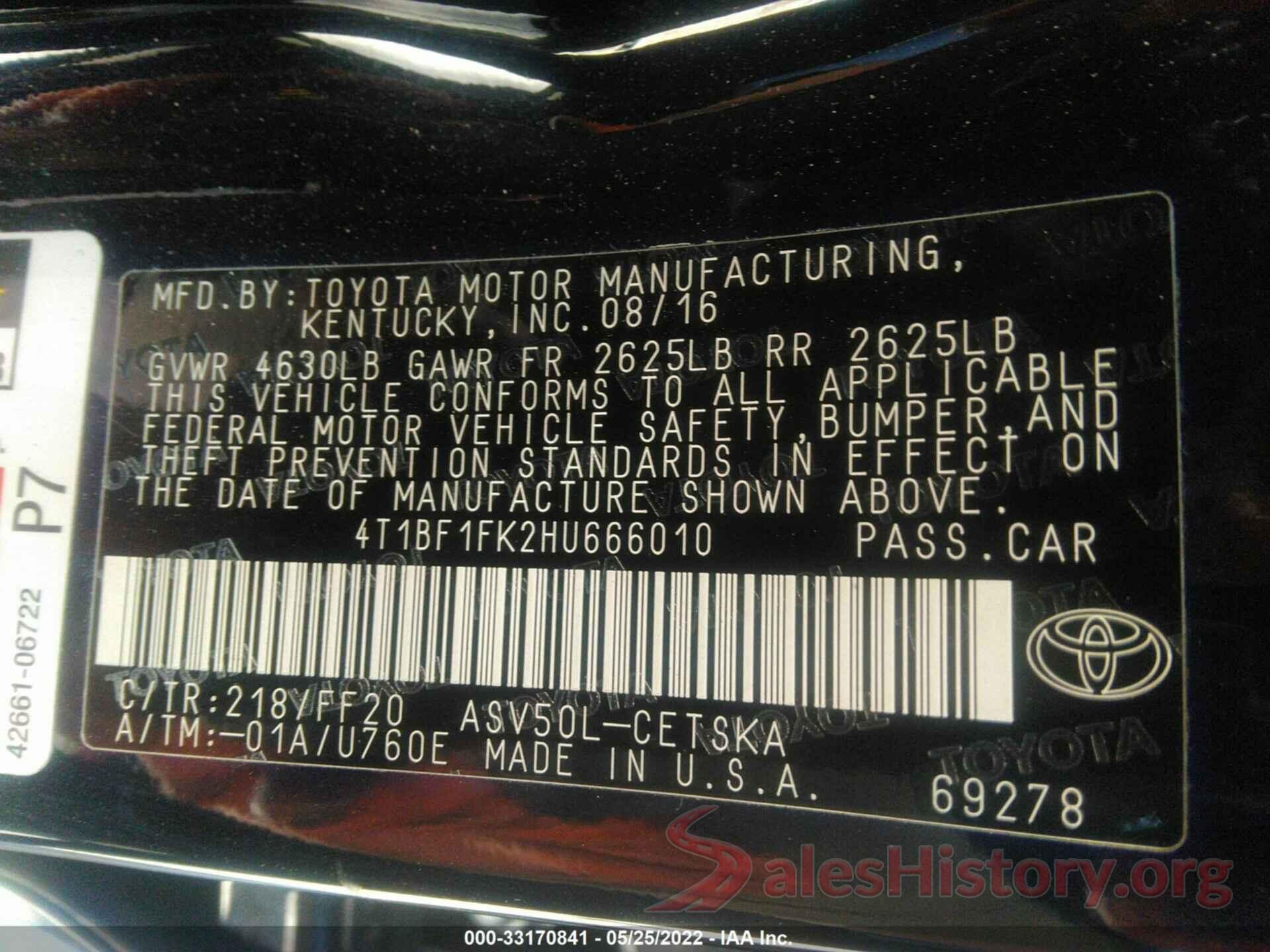 4T1BF1FK2HU666010 2017 TOYOTA CAMRY