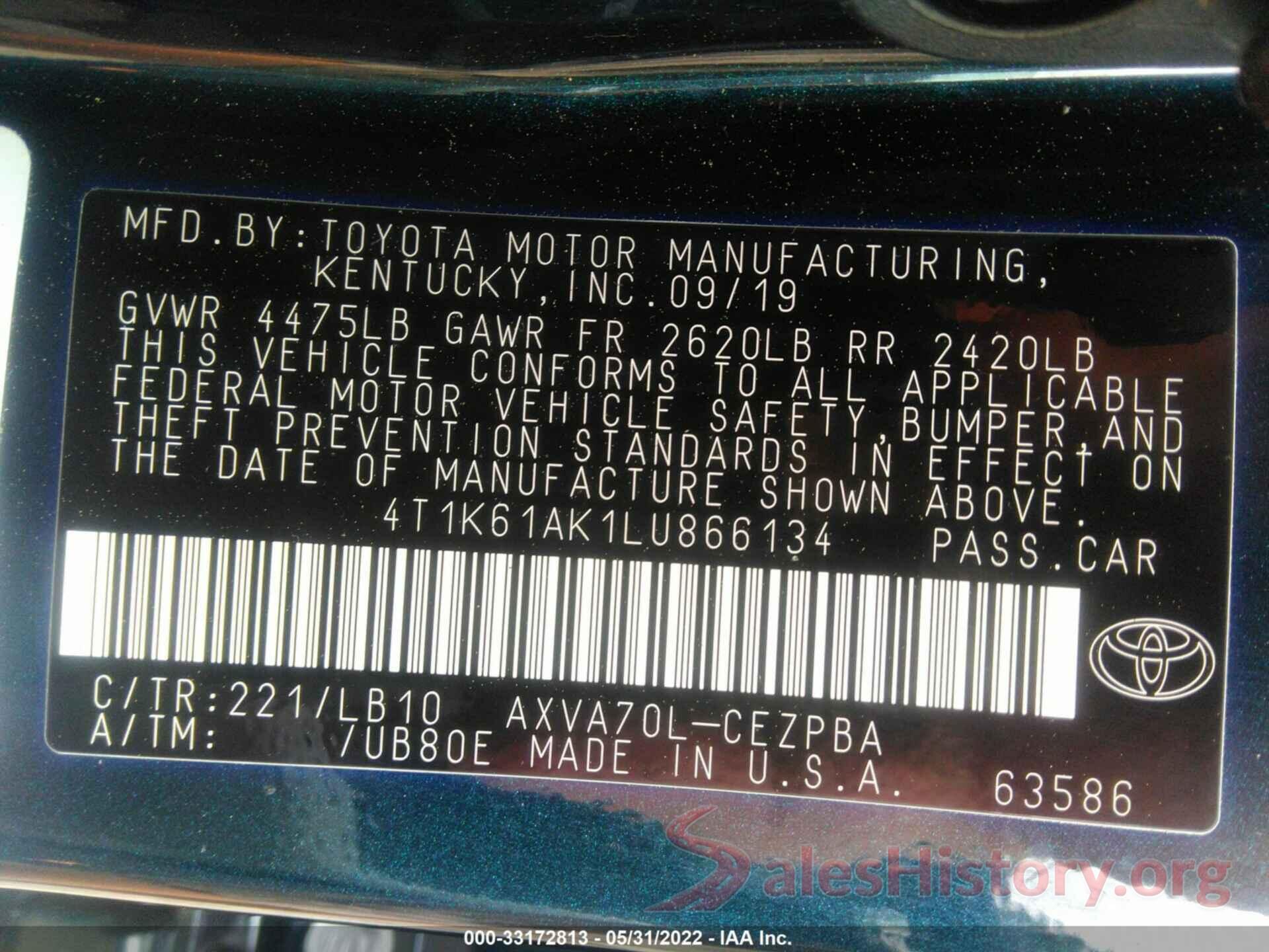 4T1K61AK1LU866134 2020 TOYOTA CAMRY