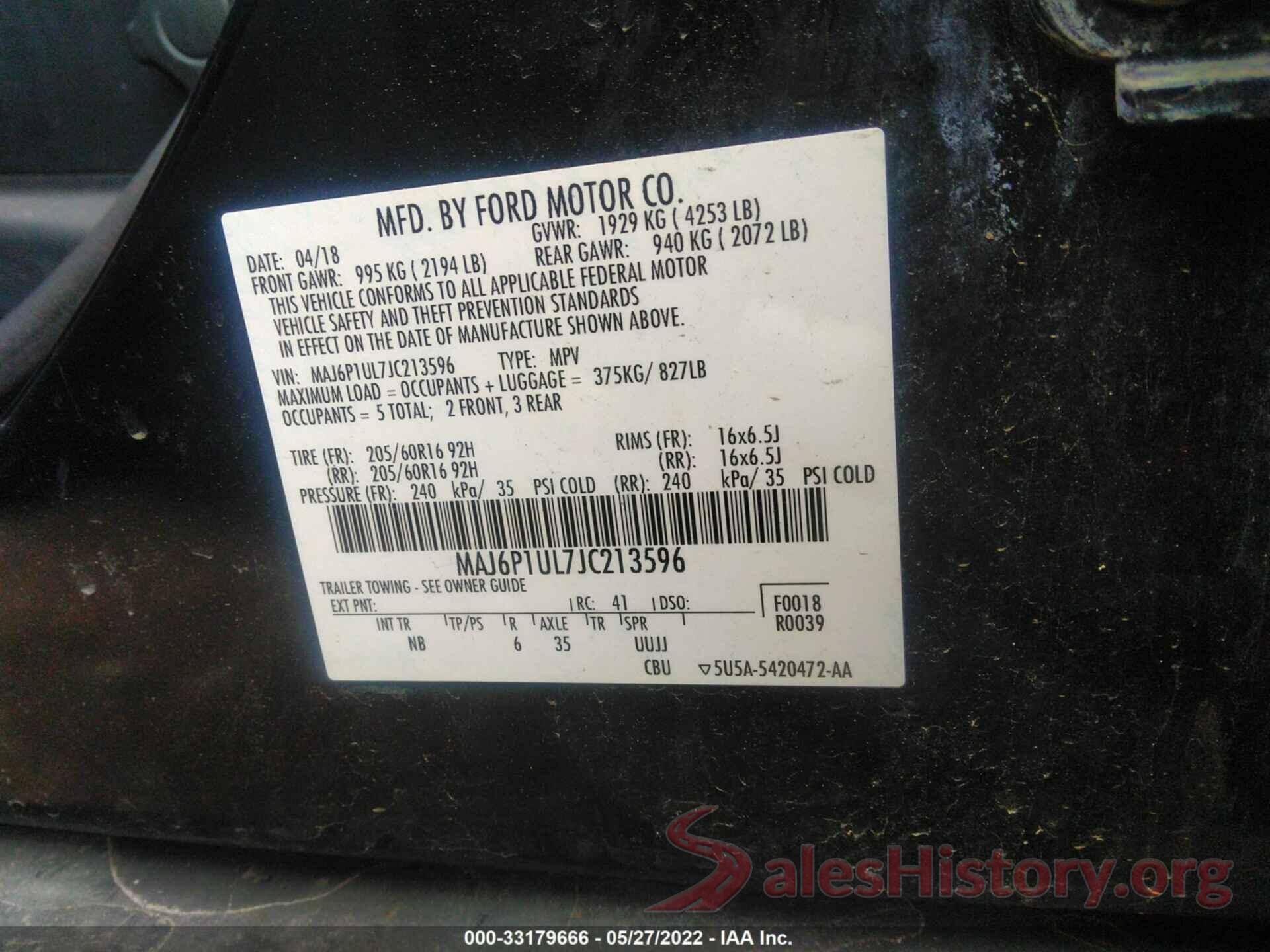 MAJ6P1UL7JC213596 2018 FORD ECOSPORT