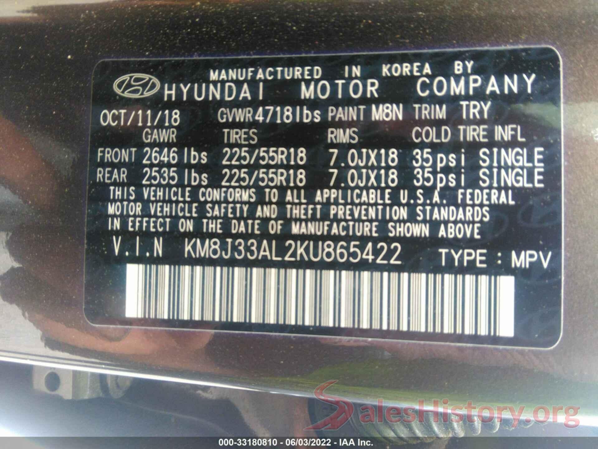 KM8J33AL2KU865422 2019 HYUNDAI TUCSON