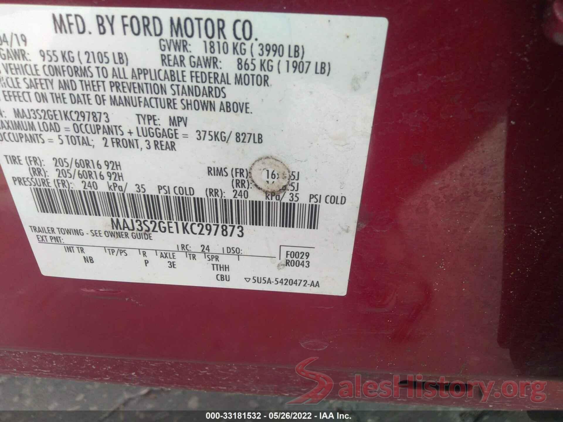 MAJ3S2GE1KC297873 2019 FORD ECOSPORT