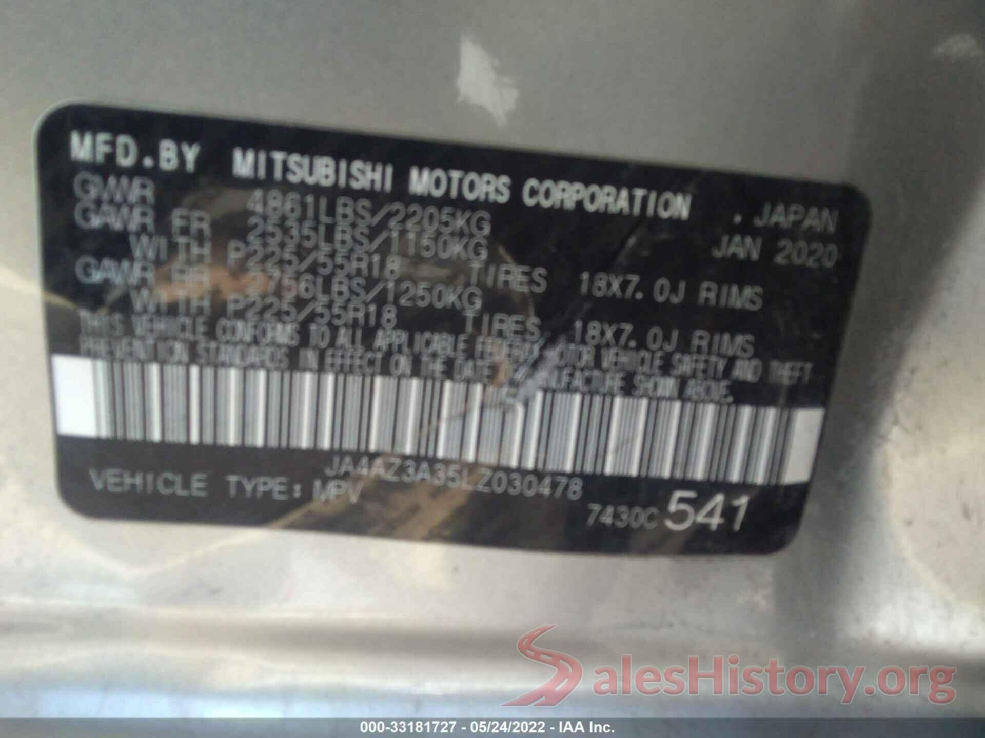 JA4AZ3A35LZ030478 2020 MITSUBISHI OUTLANDER