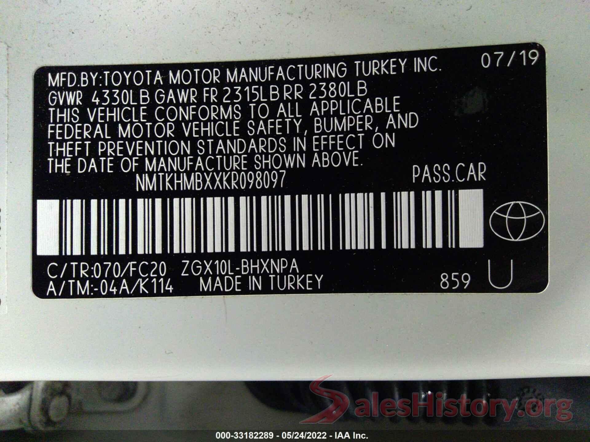 NMTKHMBXXKR098097 2019 TOYOTA C-HR