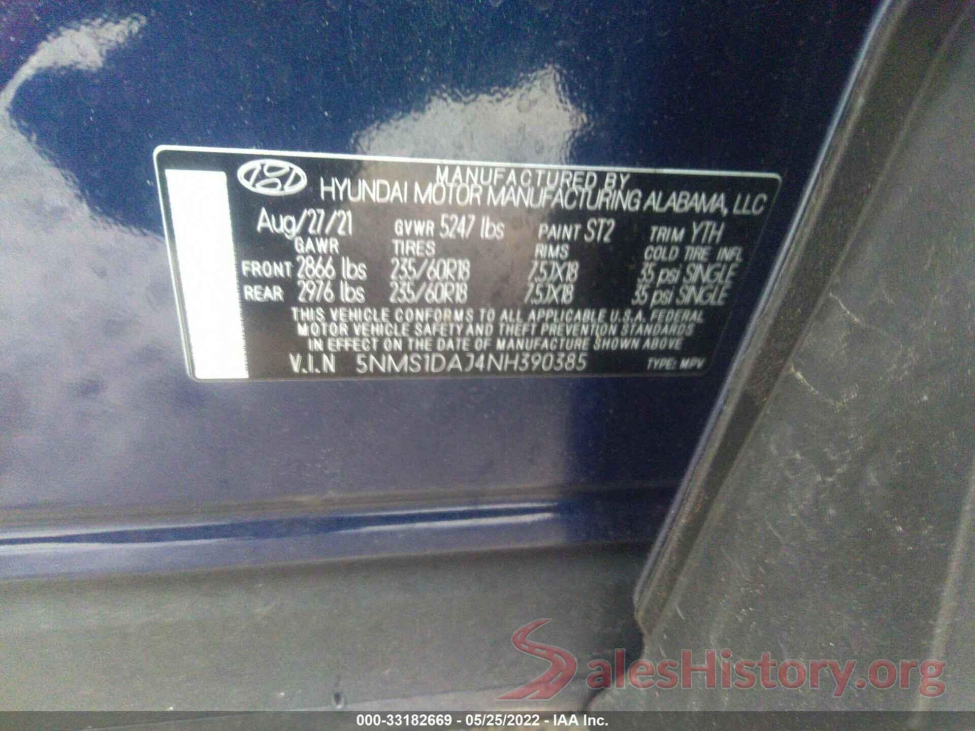 5NMS1DAJ4NH390385 2022 HYUNDAI SANTA FE