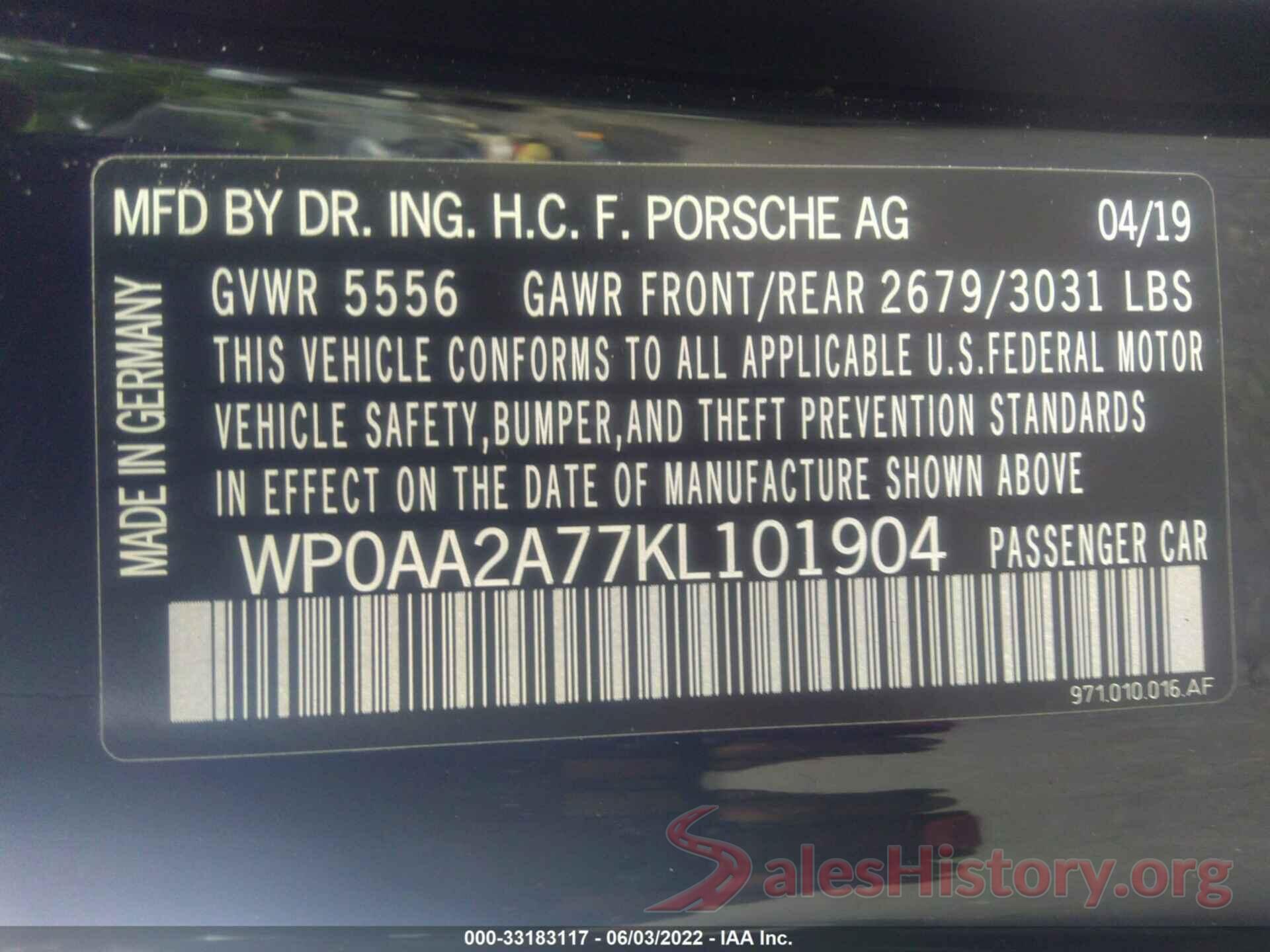 WP0AA2A77KL101904 2019 PORSCHE PANAMERA