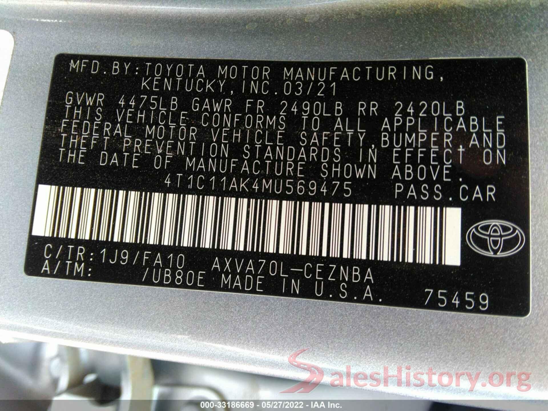 4T1C11AK4MU569475 2021 TOYOTA CAMRY