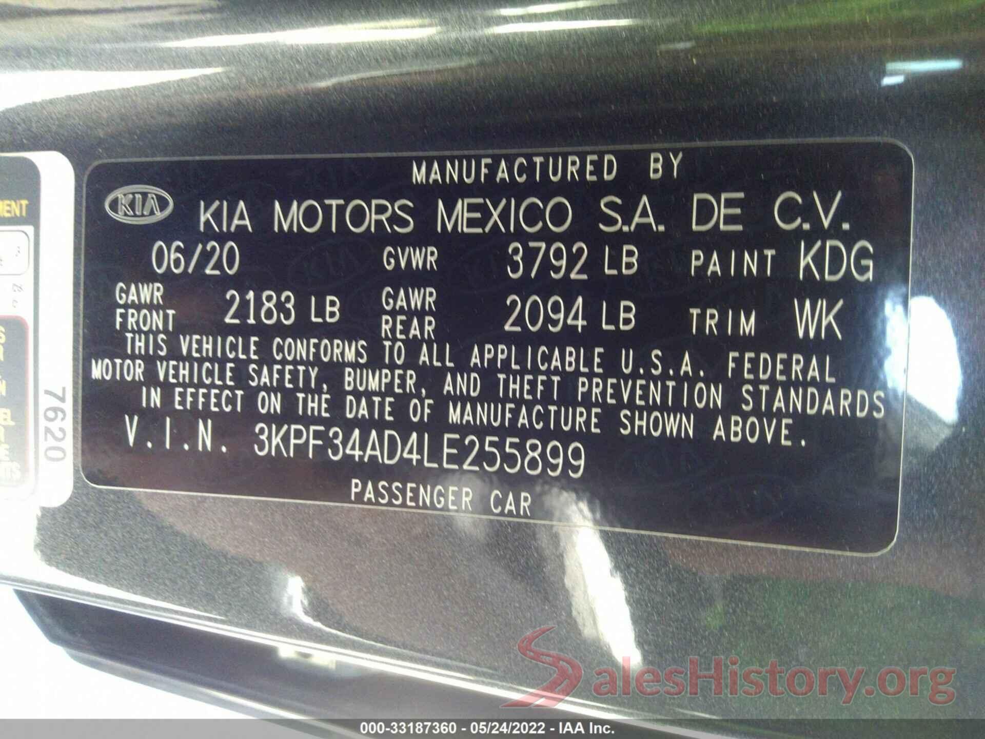 3KPF34AD4LE255899 2020 KIA FORTE