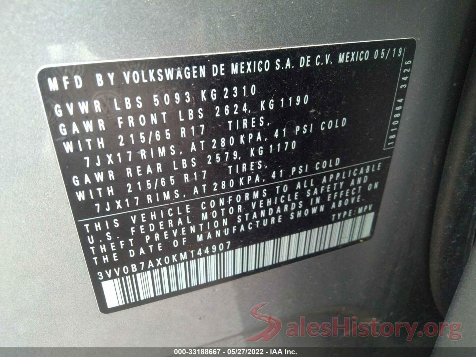 3VV0B7AX0KM144907 2019 VOLKSWAGEN TIGUAN