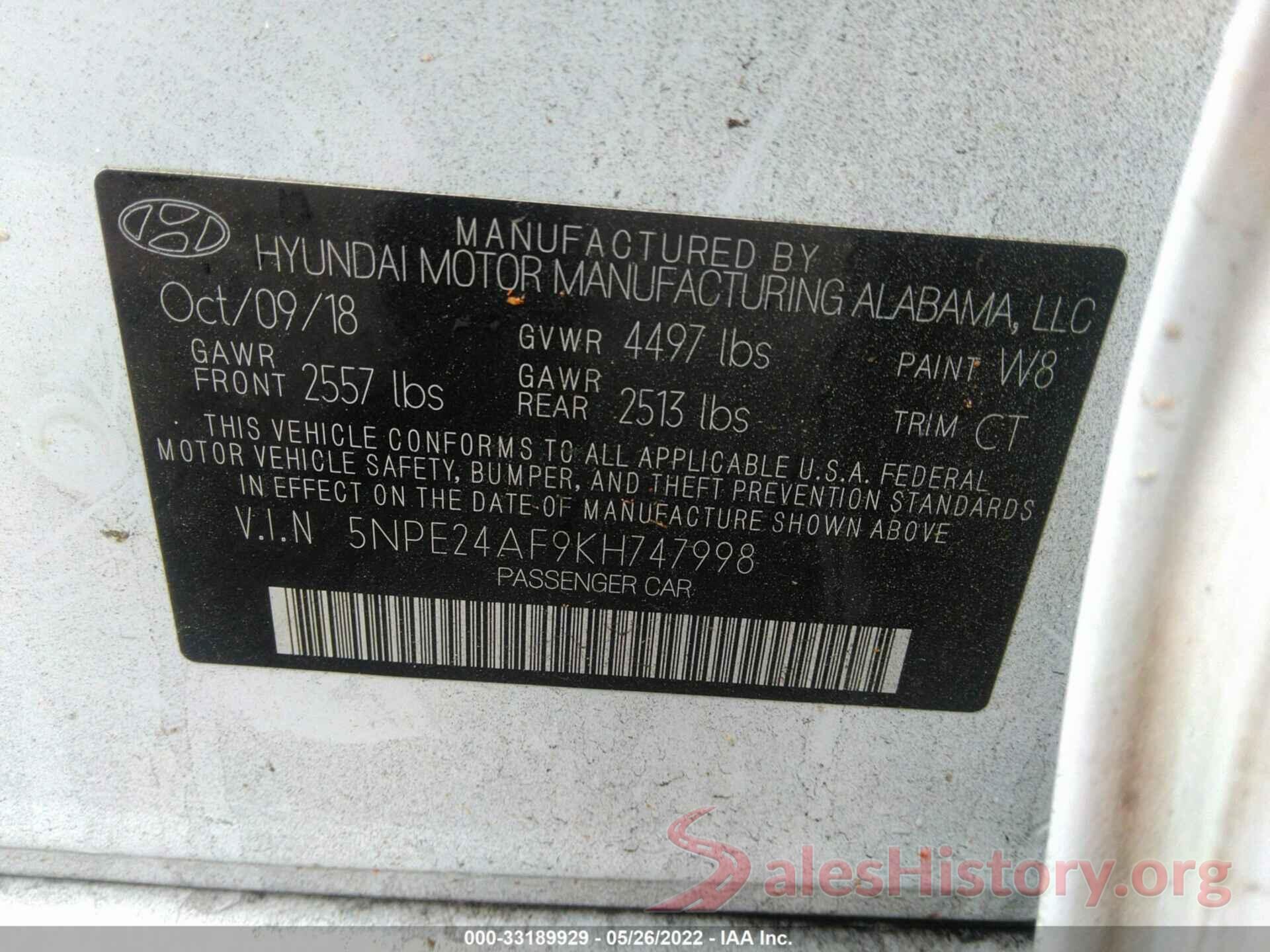 5NPE24AF9KH747998 2019 HYUNDAI SONATA