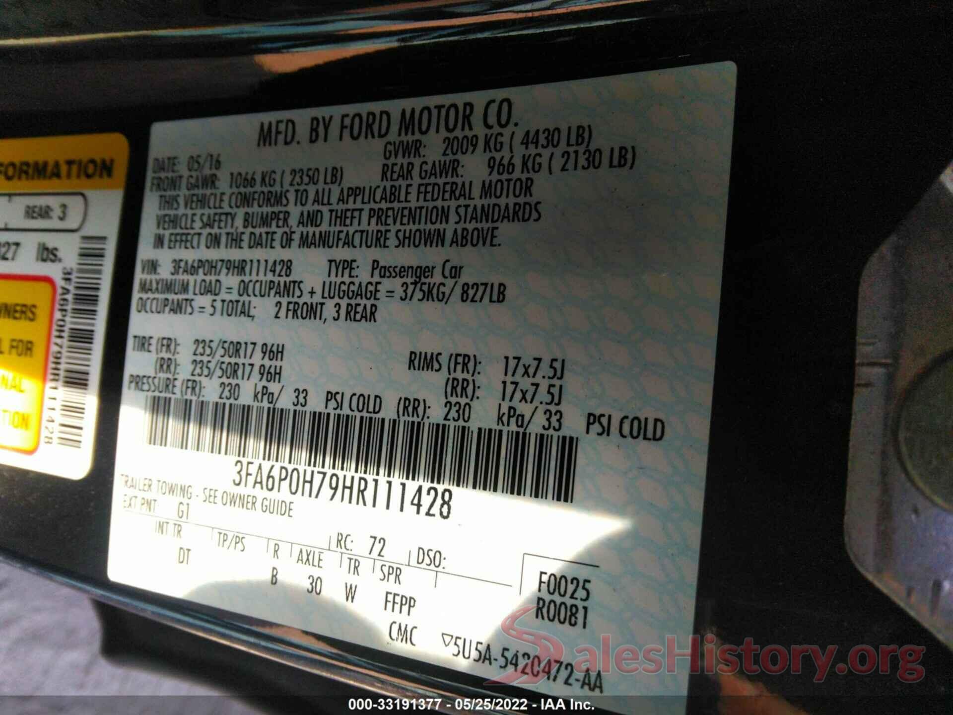 3FA6P0H79HR111428 2017 FORD FUSION