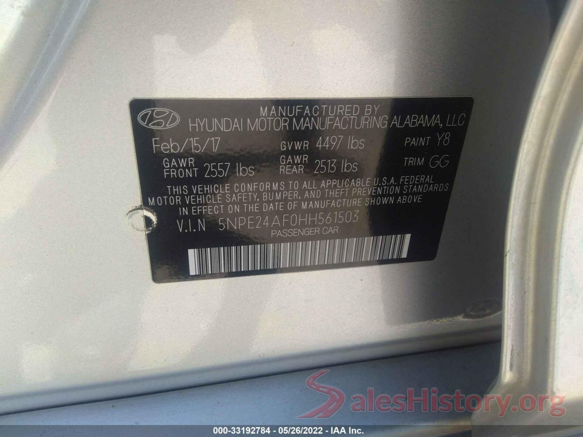 5NPE24AF0HH561503 2017 HYUNDAI SONATA