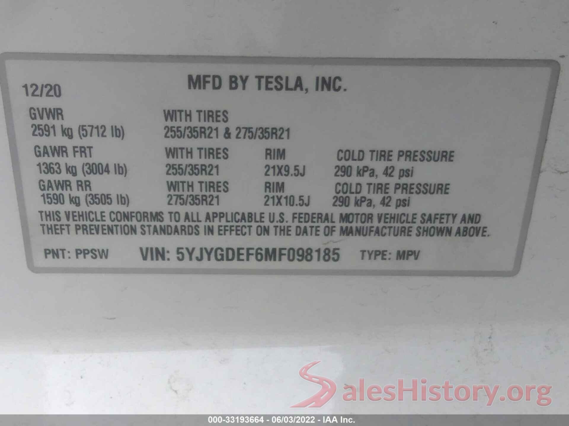 5YJYGDEF6MF098185 2021 TESLA MODEL Y