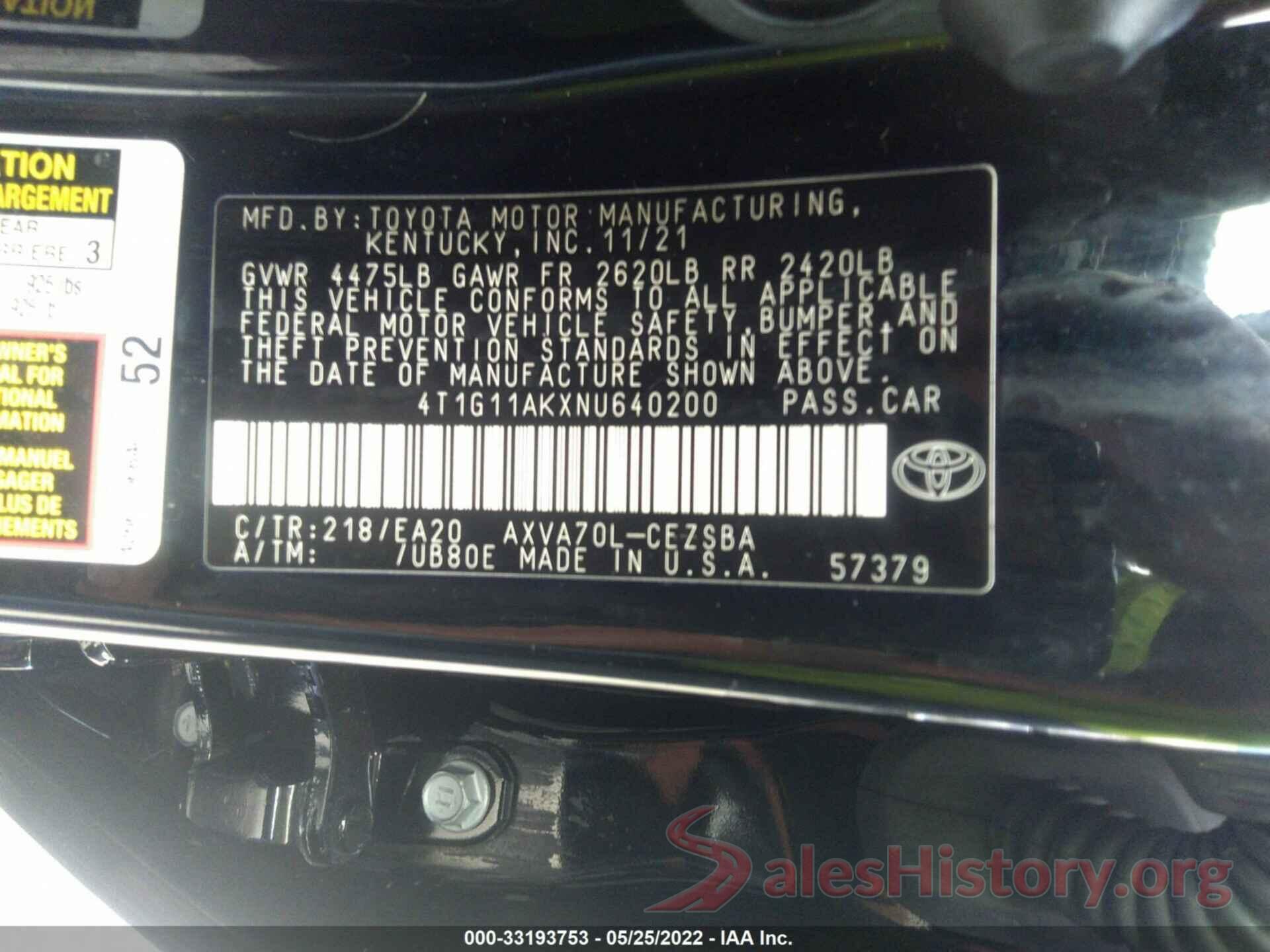 4T1G11AKXNU640200 2022 TOYOTA CAMRY