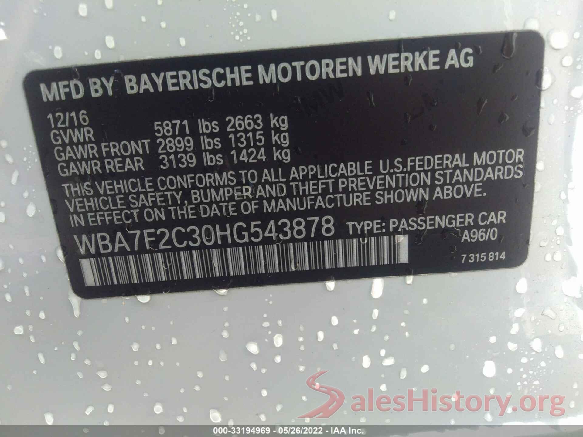 WBA7F2C30HG543878 2017 BMW 7 SERIES