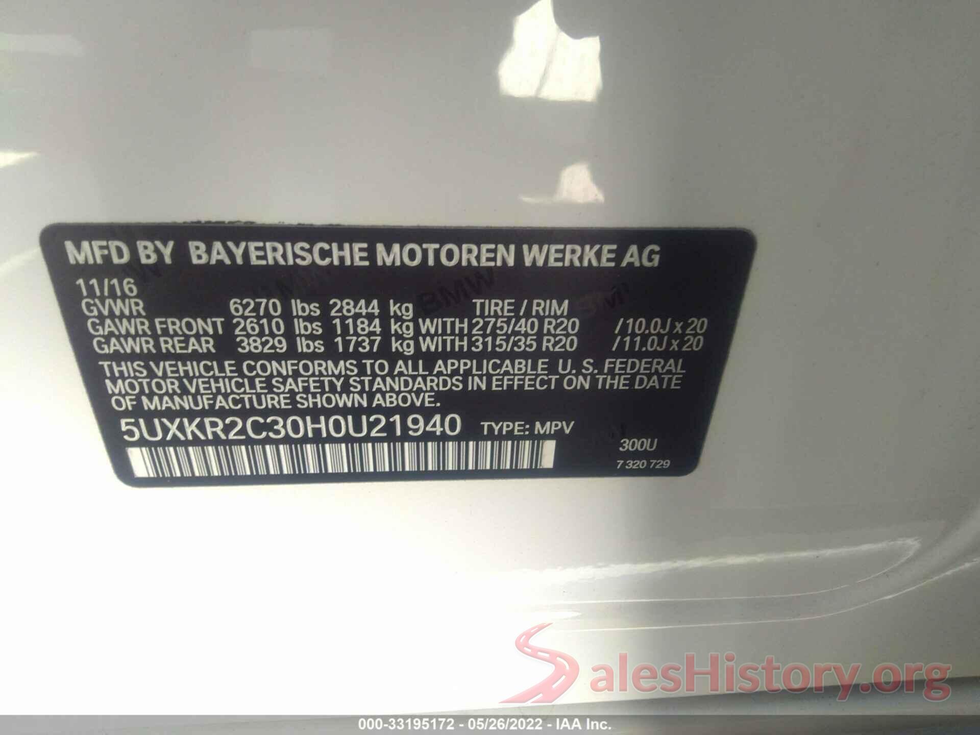 5UXKR2C30H0U21940 2017 BMW X5