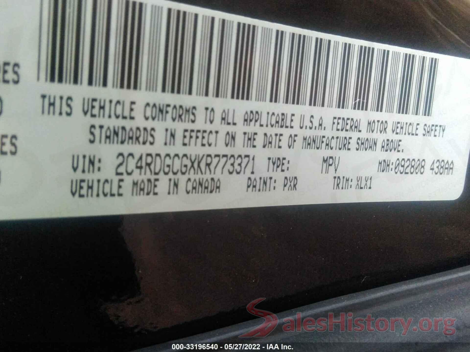 2C4RDGCGXKR773371 2019 DODGE GRAND CARAVAN