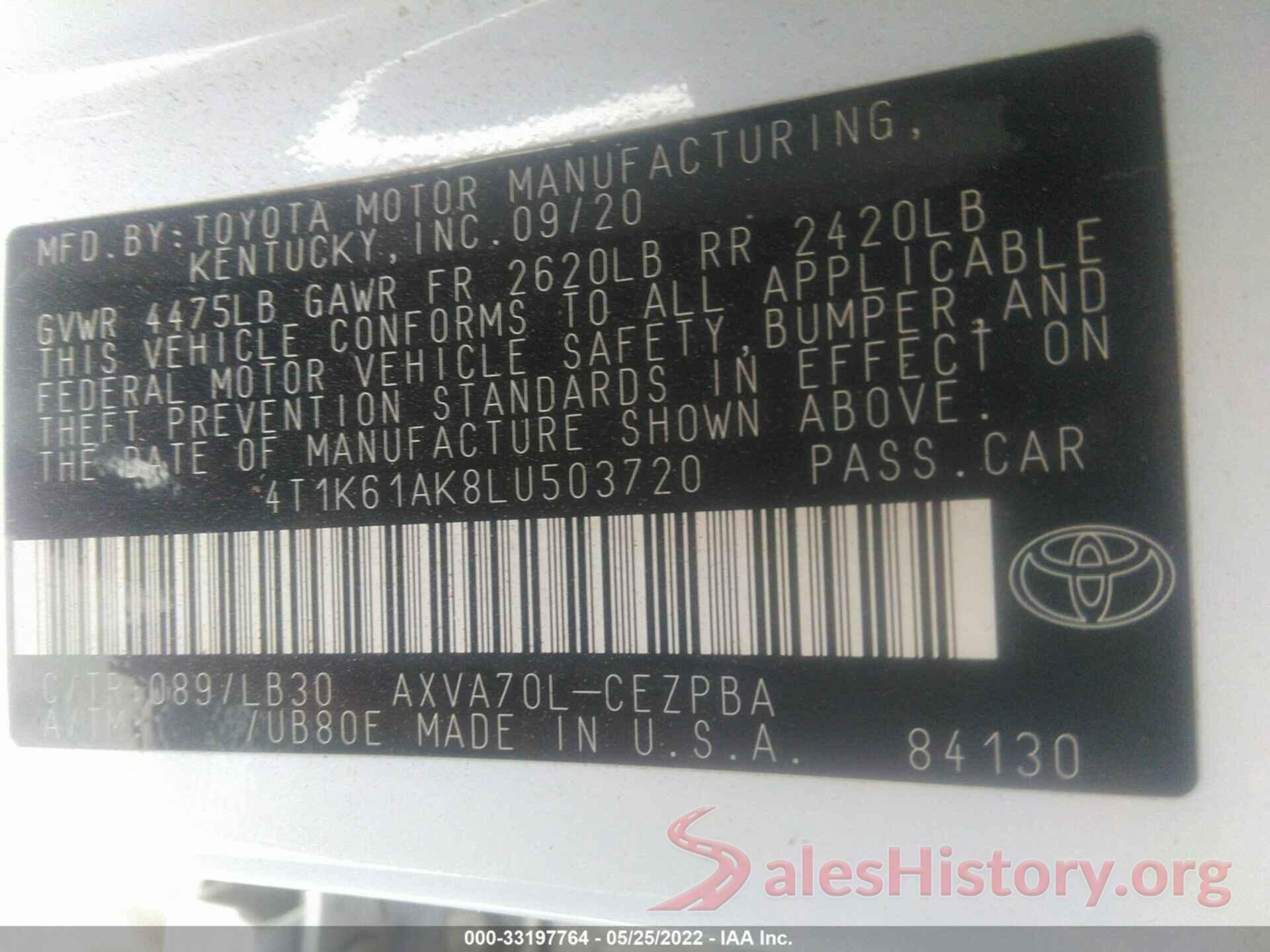 4T1K61AK8LU503720 2020 TOYOTA CAMRY