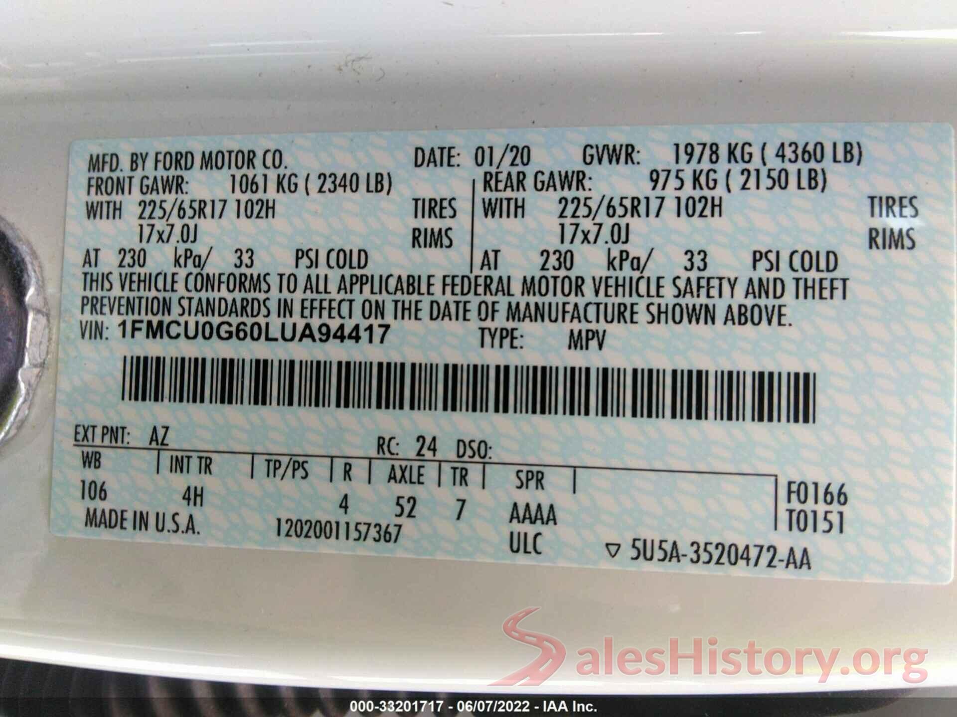 1FMCU0G60LUA94417 2020 FORD ESCAPE