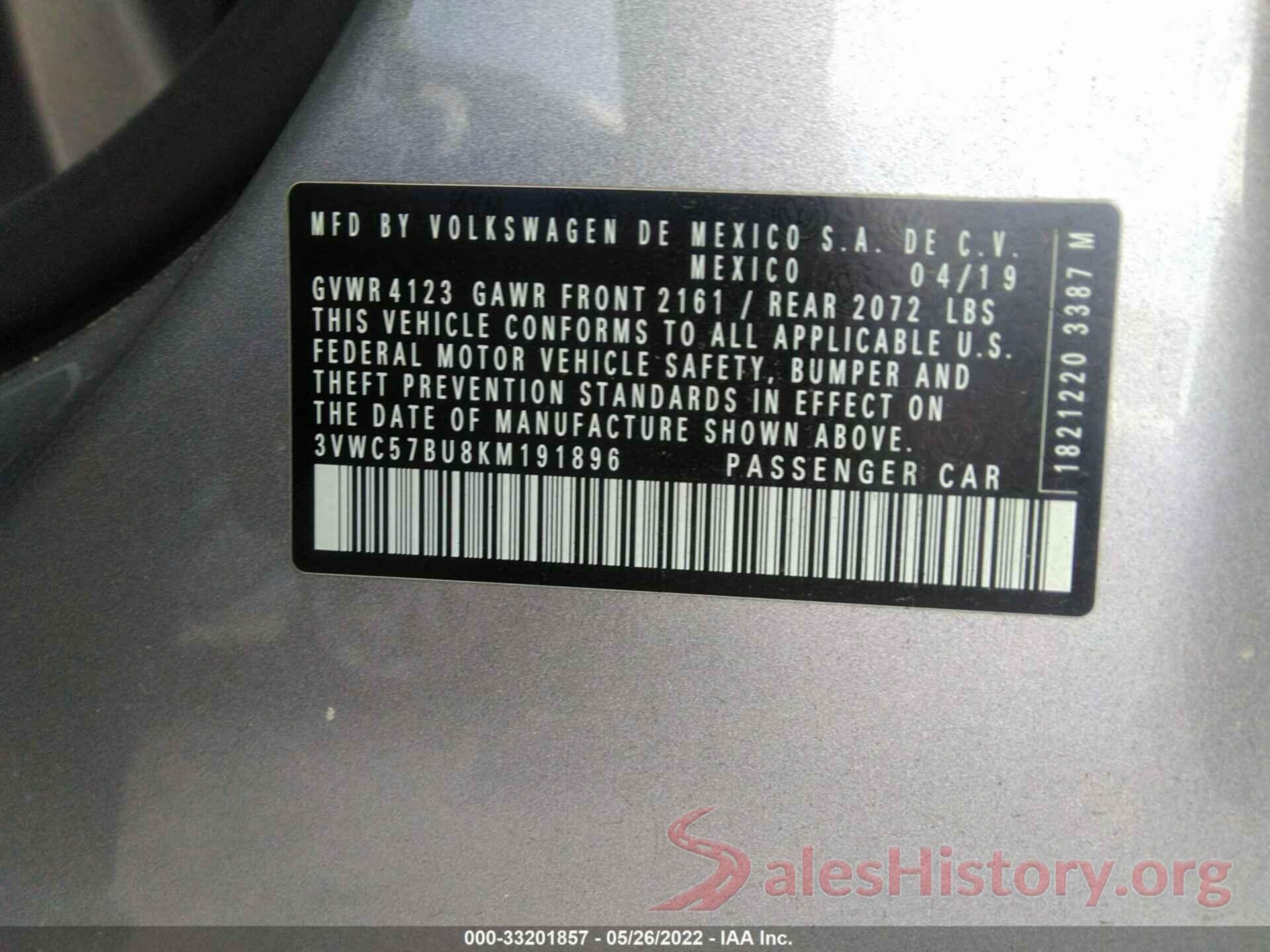 3VWC57BU8KM191896 2019 VOLKSWAGEN JETTA