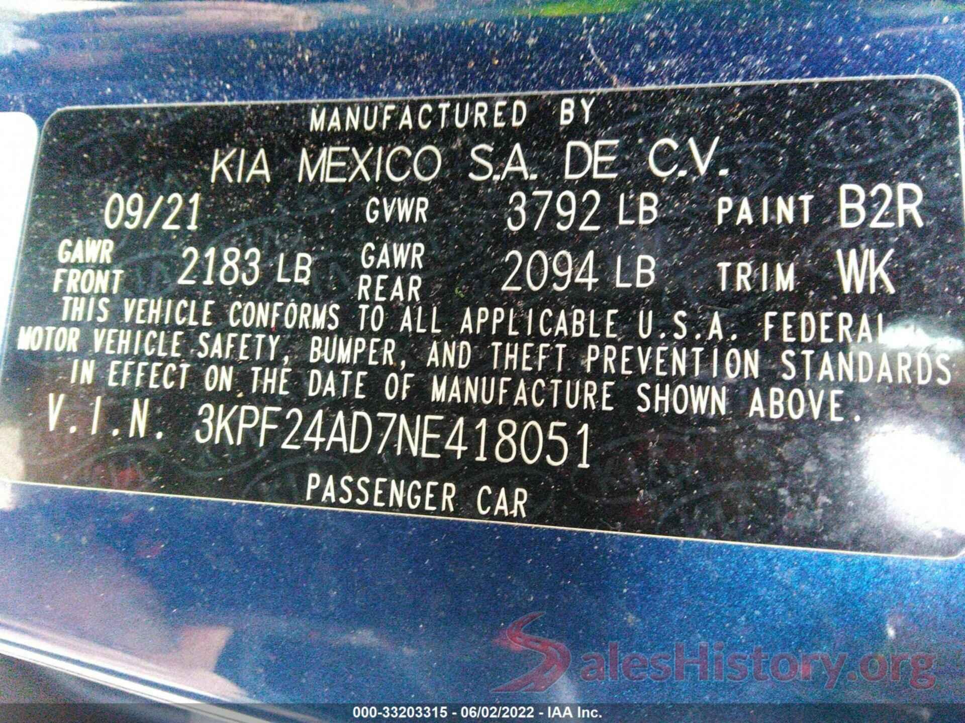 3KPF24AD7NE418051 2022 KIA FORTE