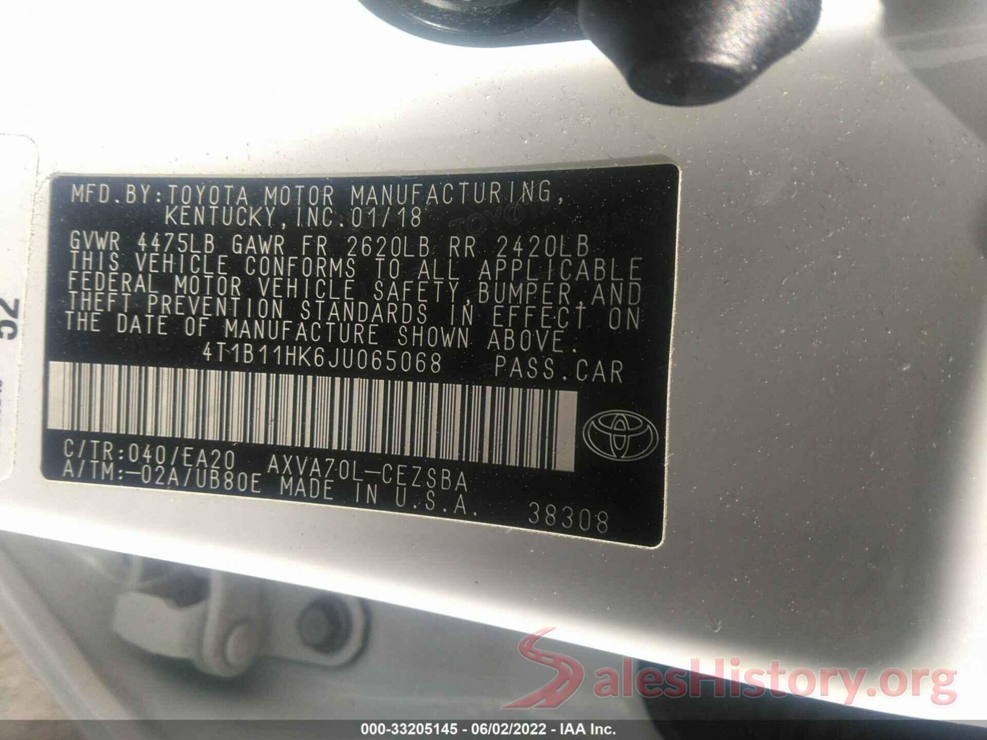 4T1B11HK6JU065068 2018 TOYOTA CAMRY