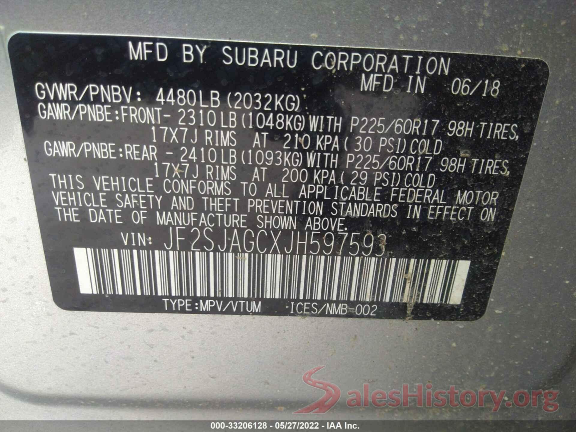 JF2SJAGCXJH597593 2018 SUBARU FORESTER