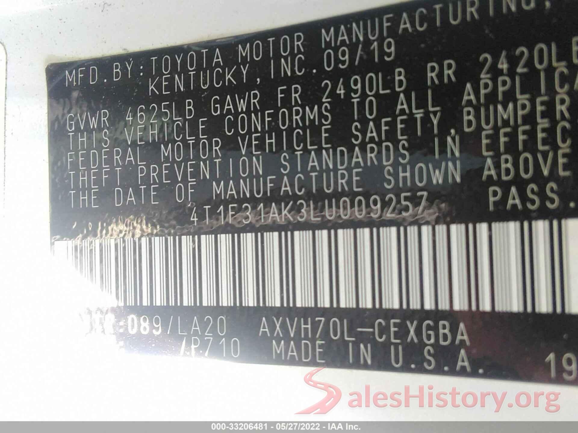 4T1F31AK3LU009257 2020 TOYOTA CAMRY