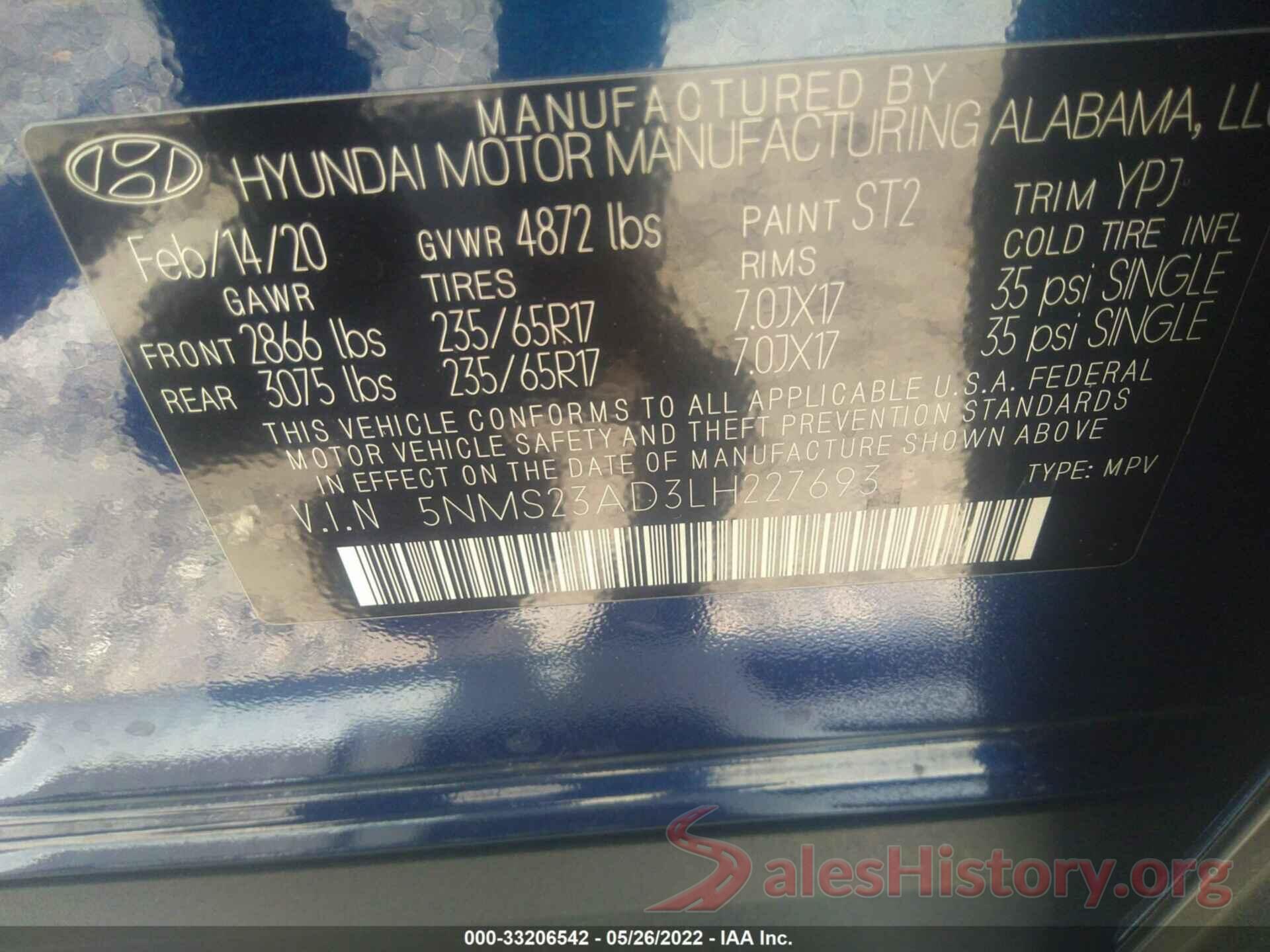 5NMS23AD3LH227693 2020 HYUNDAI SANTA FE