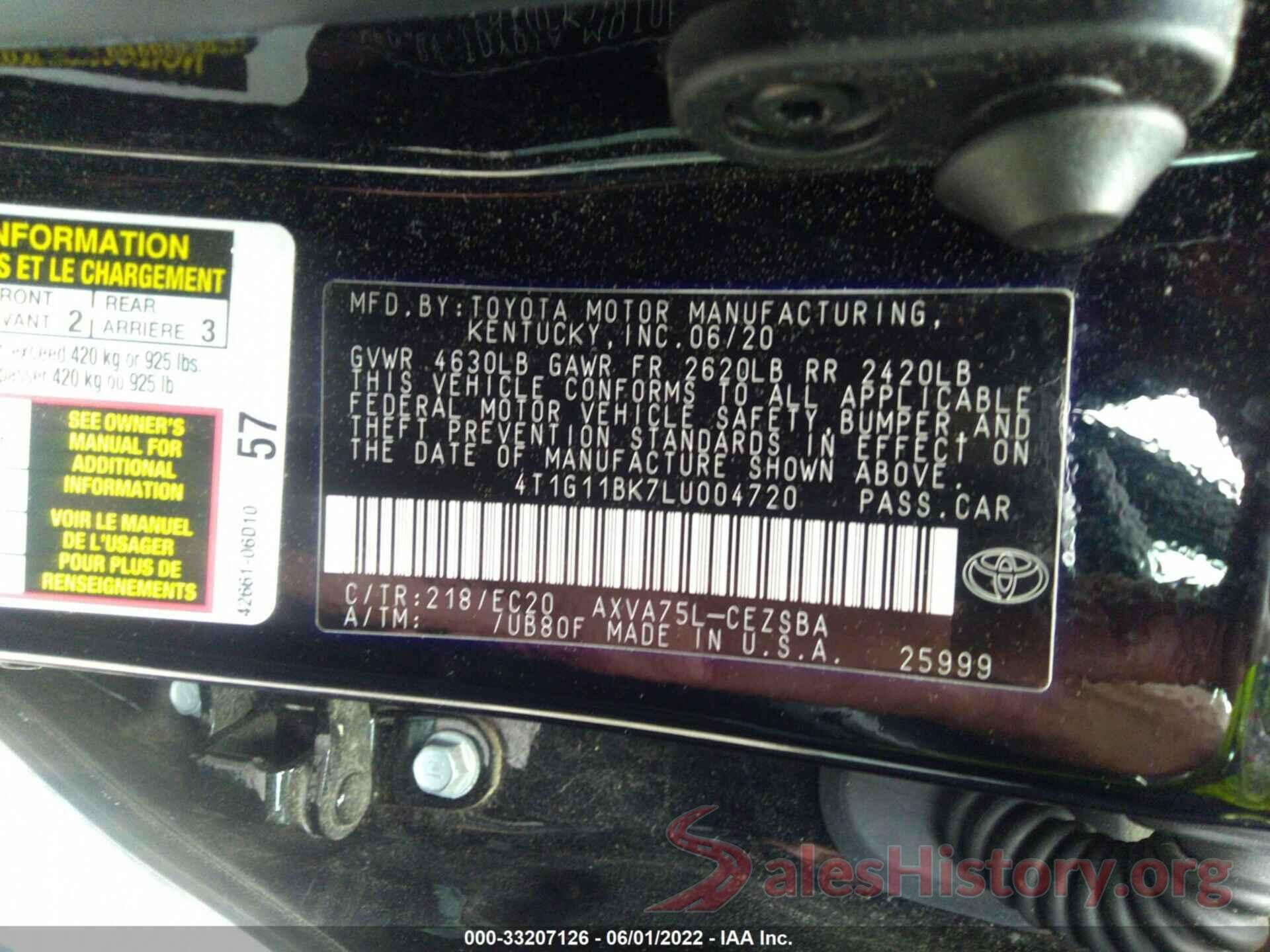 4T1G11BK7LU004720 2020 TOYOTA CAMRY