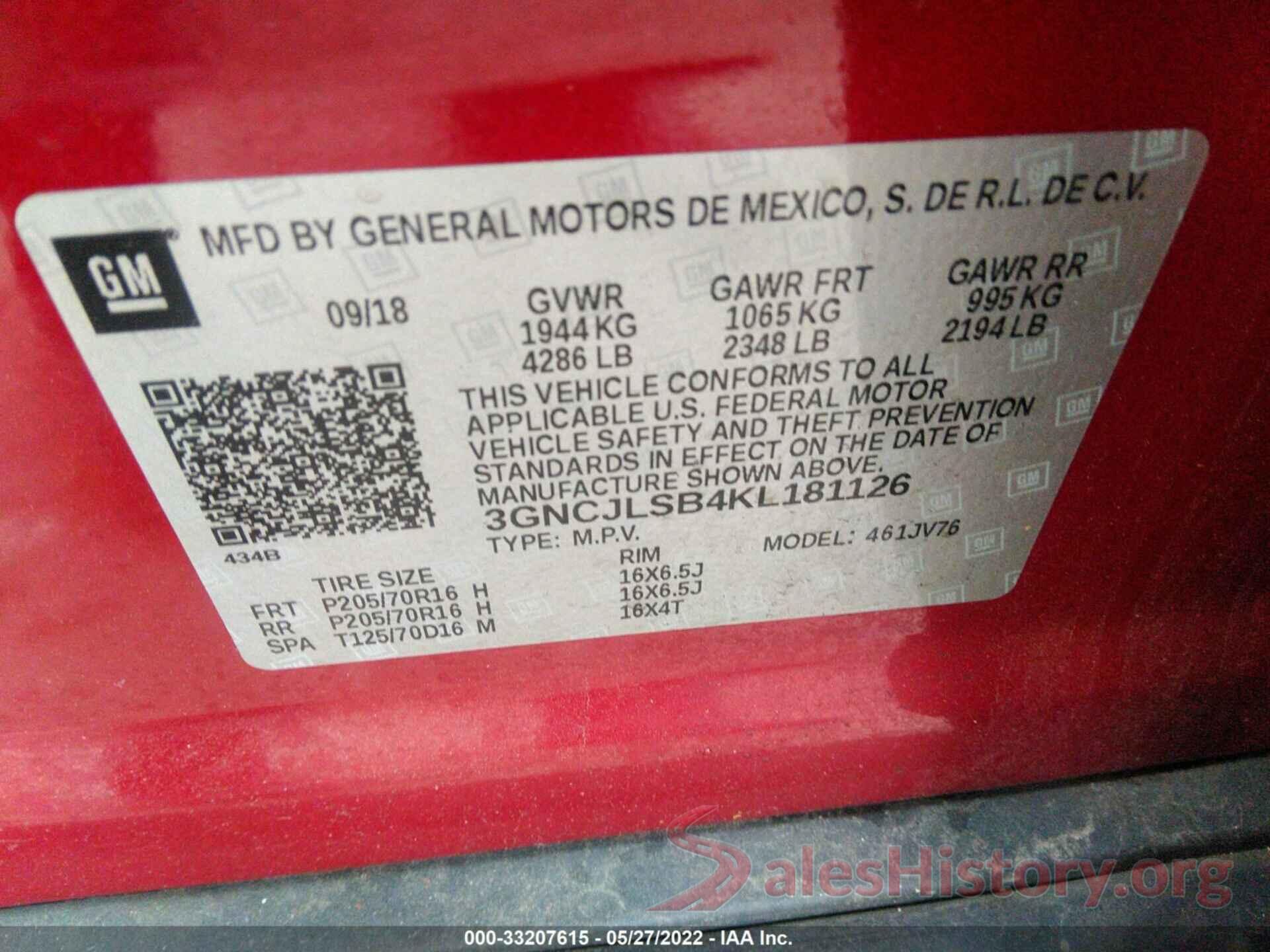 3GNCJLSB4KL181126 2019 CHEVROLET TRAX