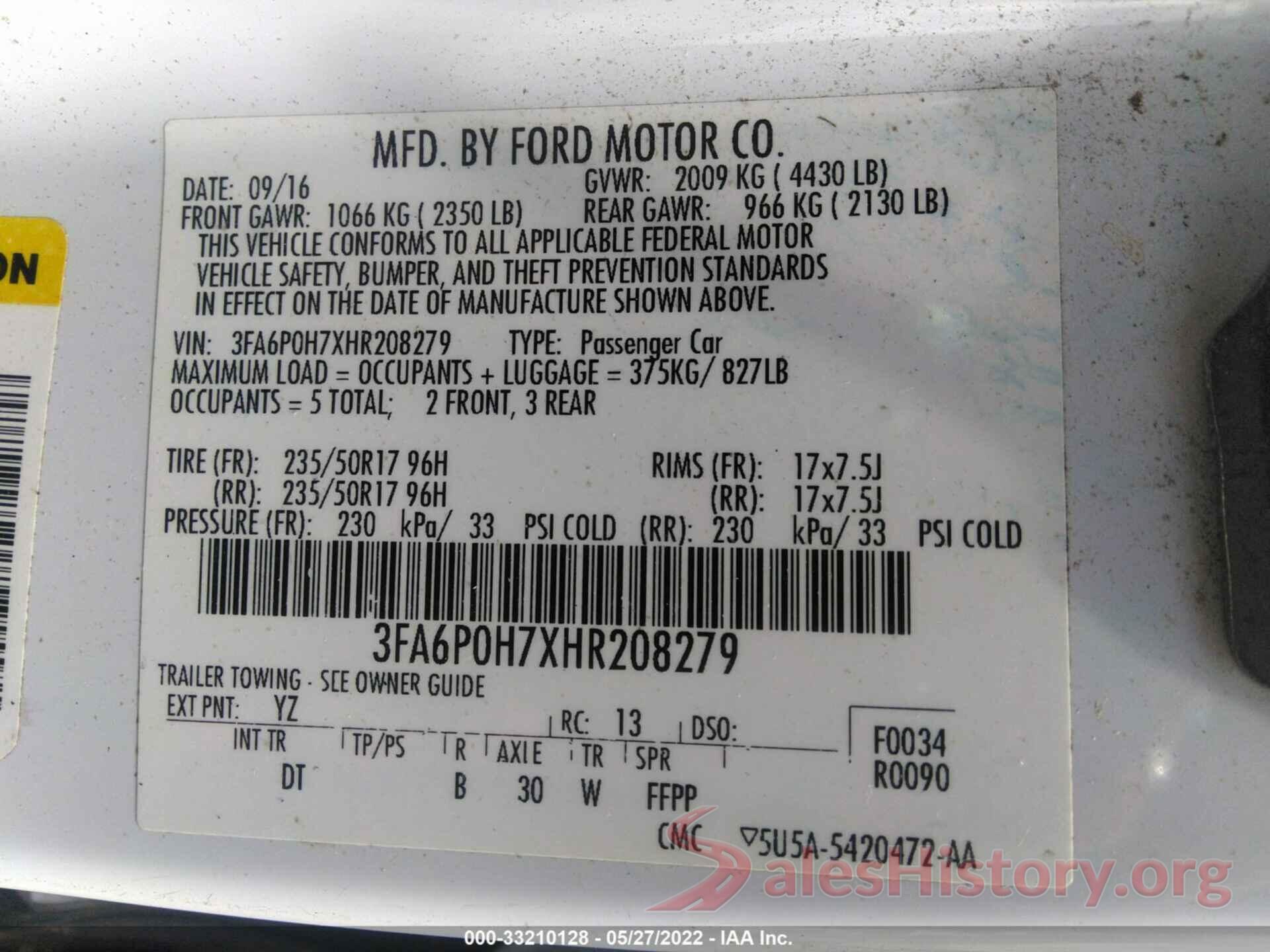 3FA6P0H7XHR208279 2017 FORD FUSION