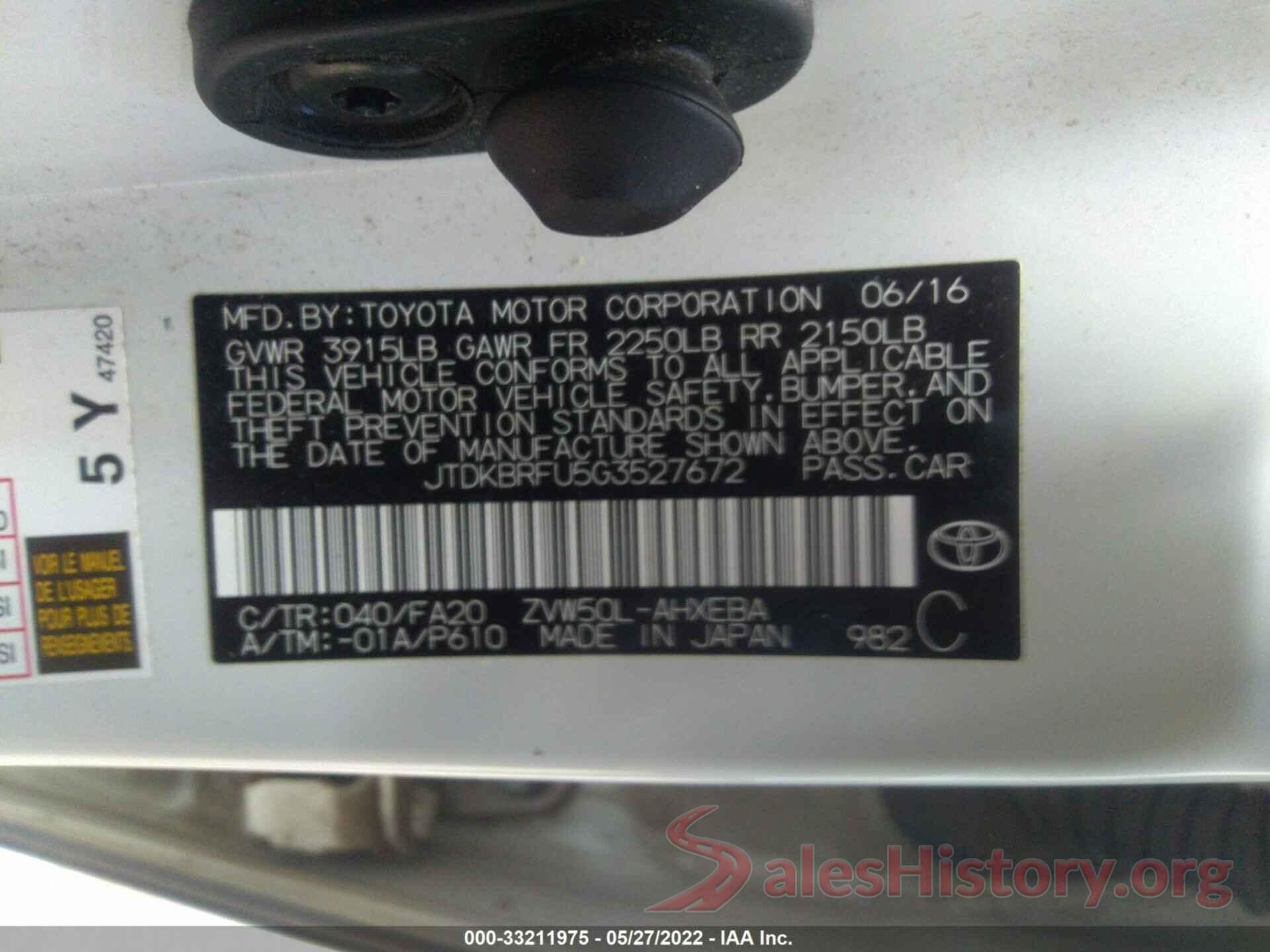 JTDKBRFU5G3527672 2016 TOYOTA PRIUS