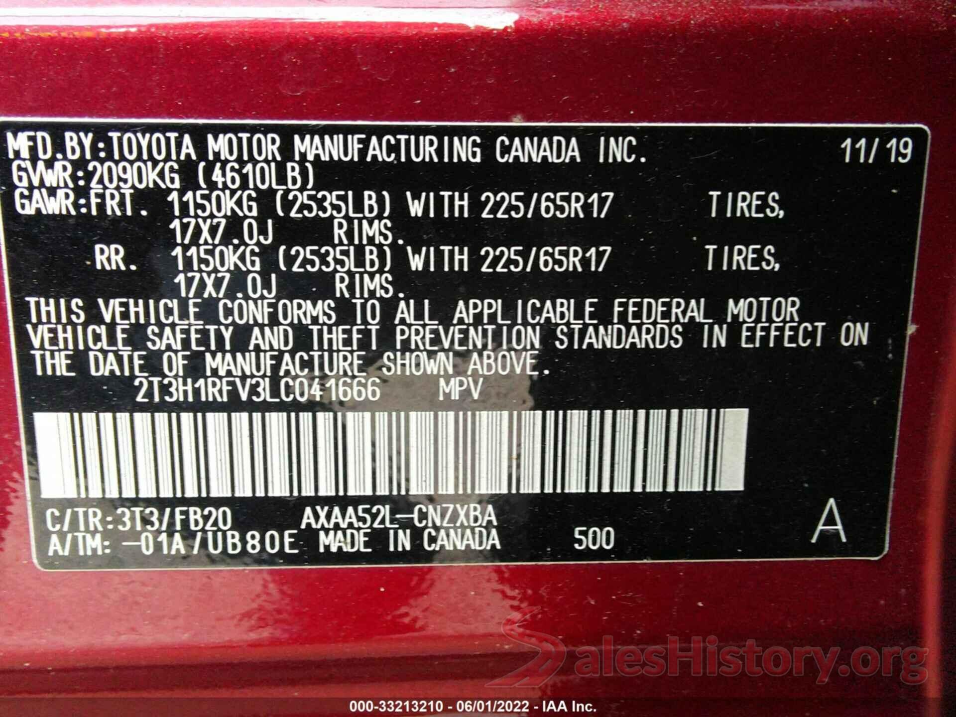 2T3H1RFV3LC041666 2020 TOYOTA RAV4