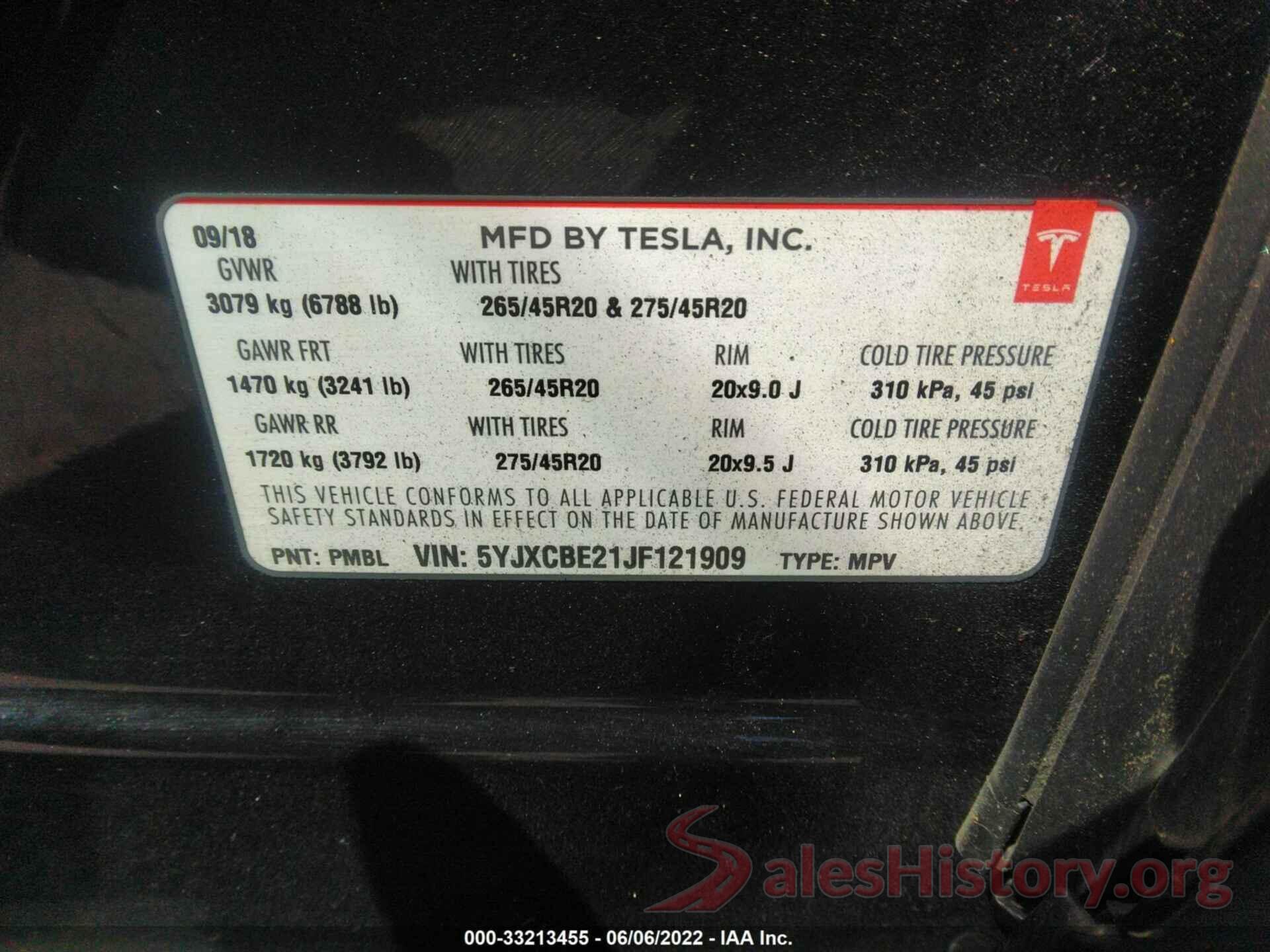 5YJXCBE21JF121909 2018 TESLA MODEL X