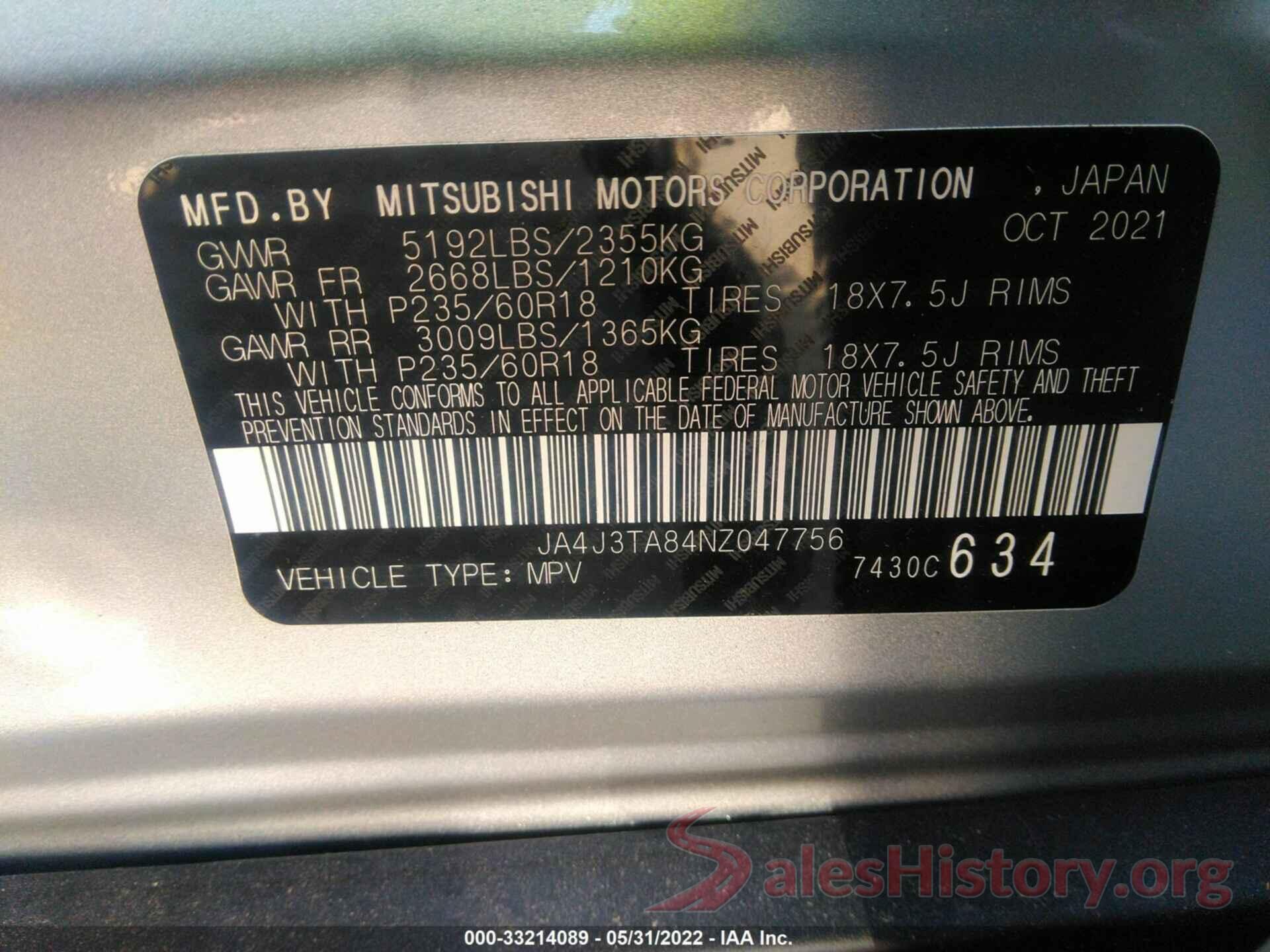 JA4J3TA84NZ047756 2022 MITSUBISHI OUTLANDER