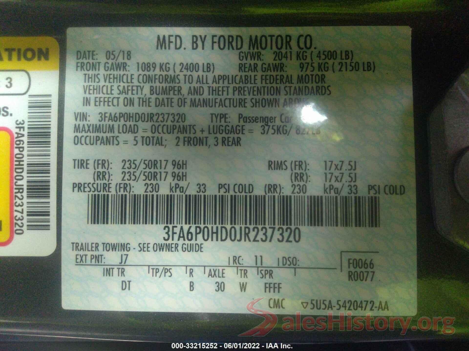 3FA6P0HD0JR237320 2018 FORD FUSION