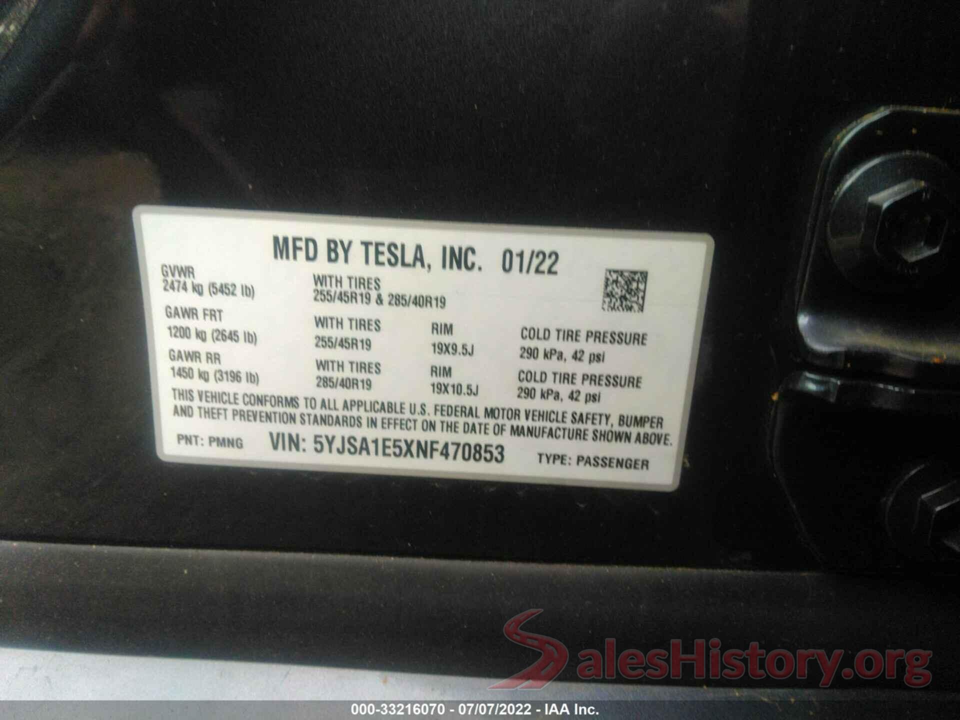 5YJSA1E5XNF470853 2022 TESLA MODEL S