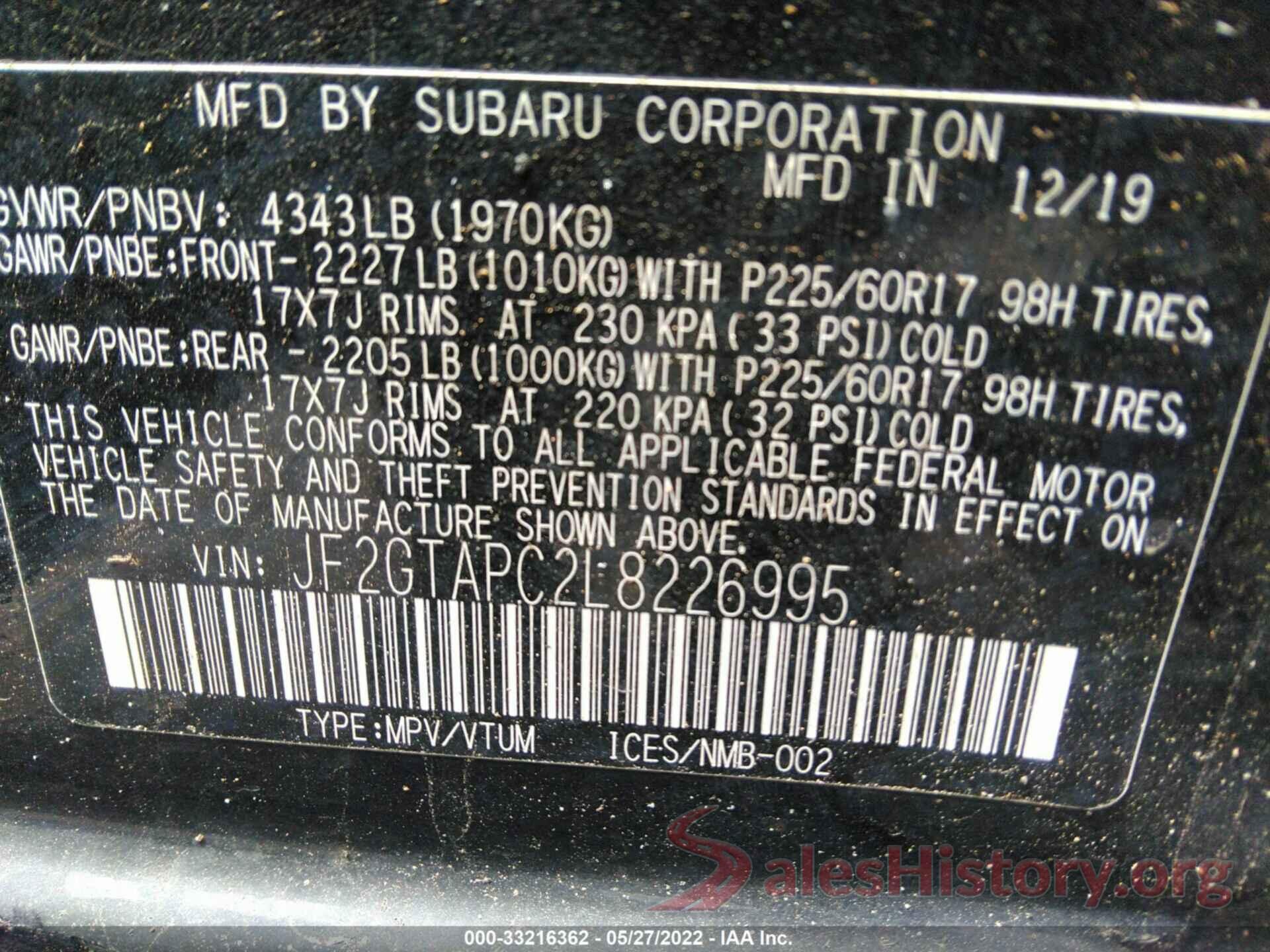 JF2GTAPC2L8226995 2020 SUBARU CROSSTREK