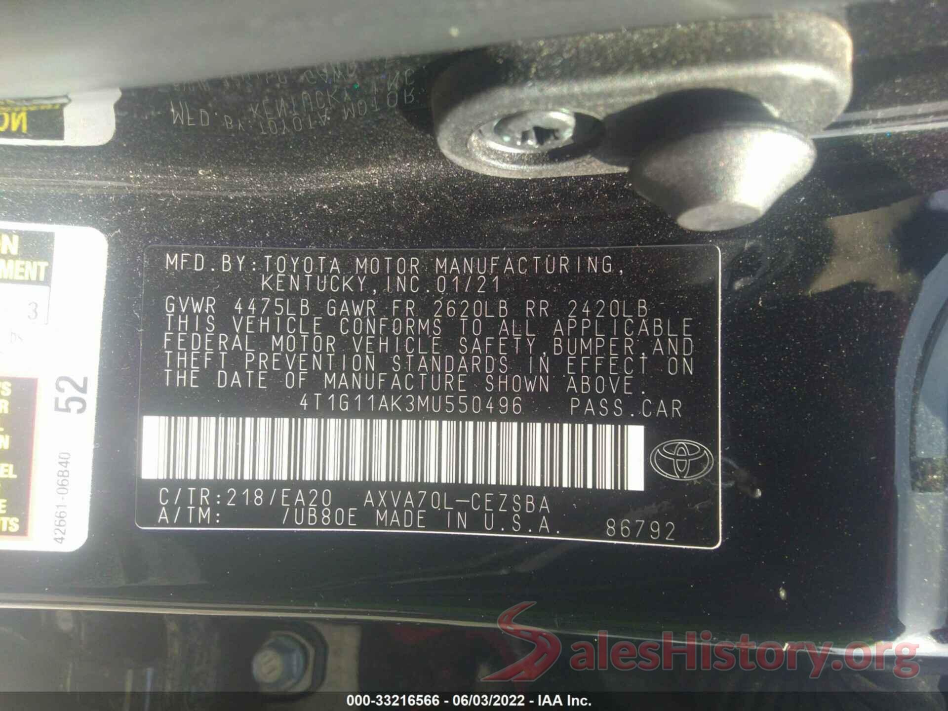 4T1G11AK3MU550496 2021 TOYOTA CAMRY