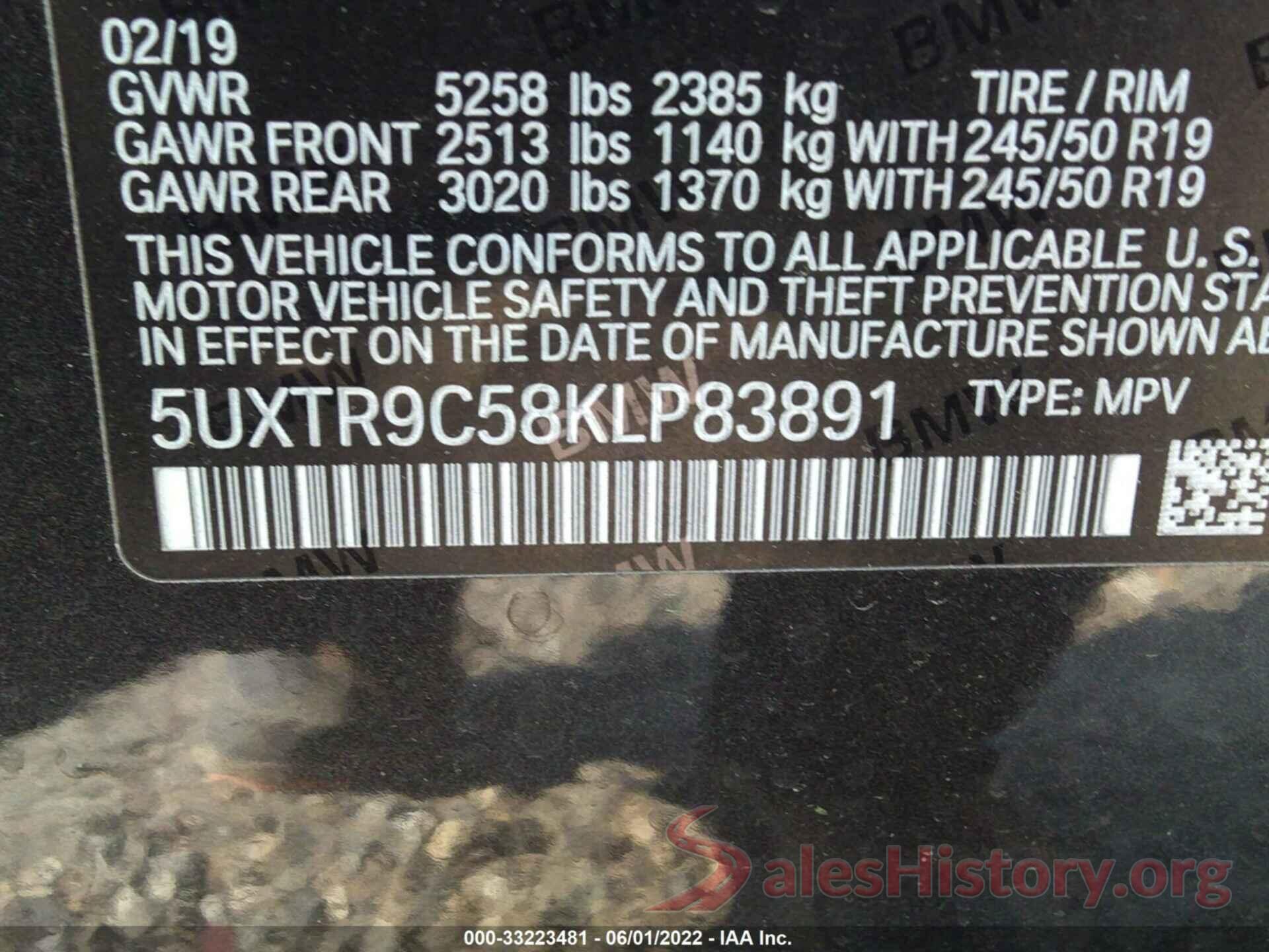 5UXTR9C58KLP83891 2019 BMW X3