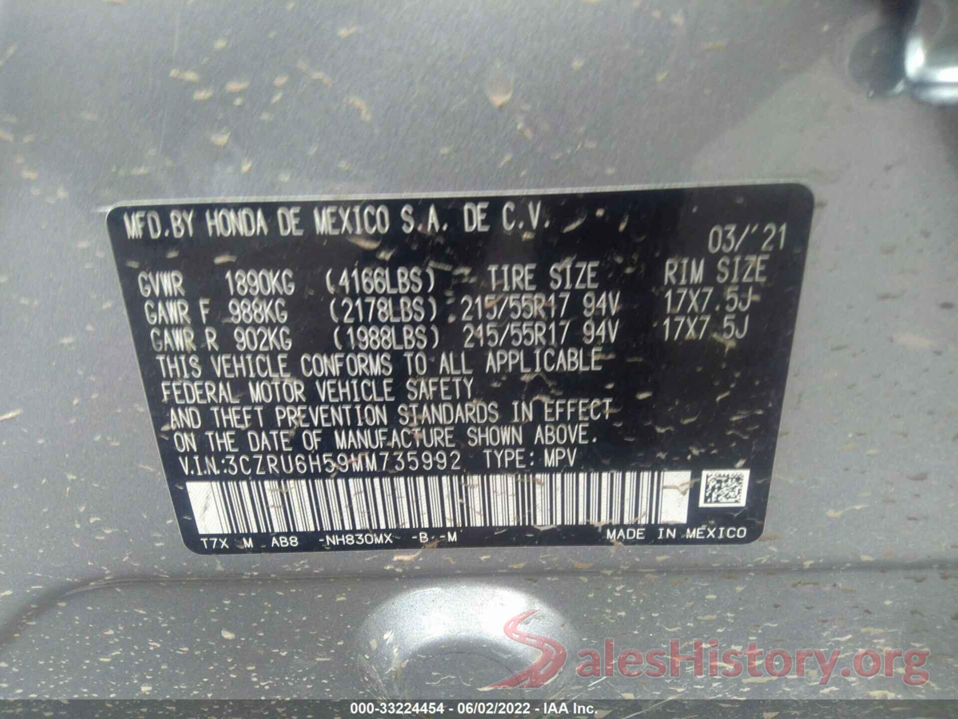 3CZRU6H59MM735992 2021 HONDA HR-V