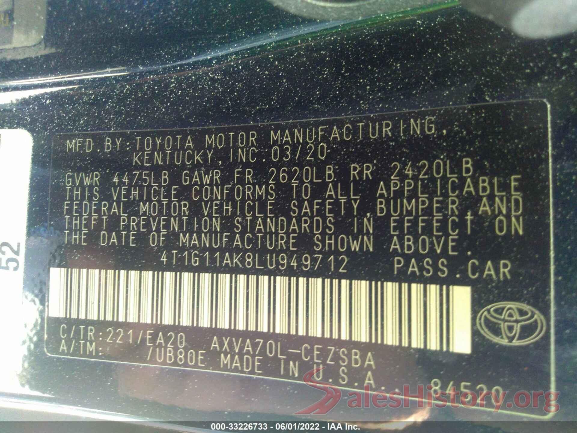 4T1G11AK8LU949712 2020 TOYOTA CAMRY