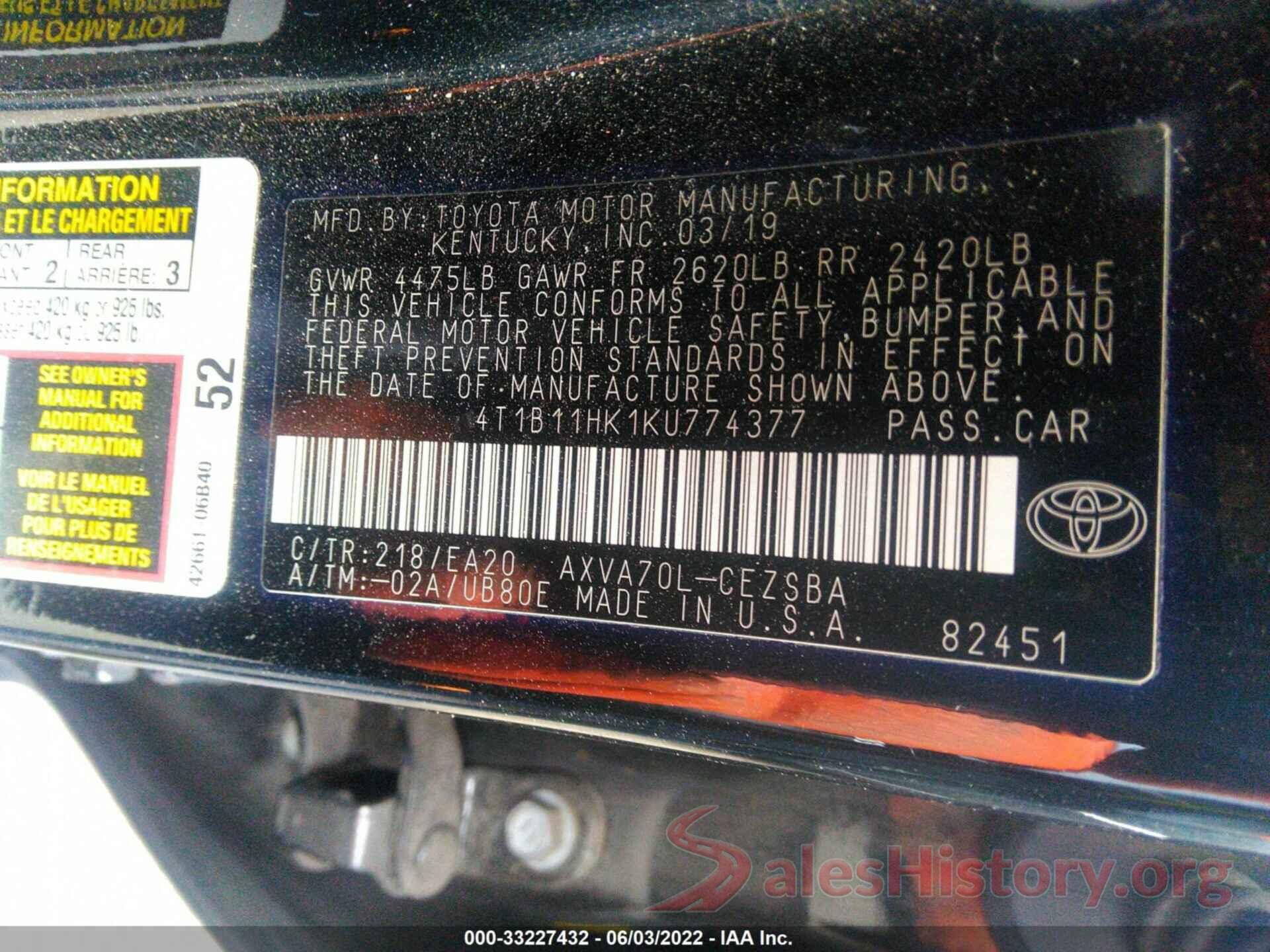 4T1B11HK1KU774377 2019 TOYOTA CAMRY