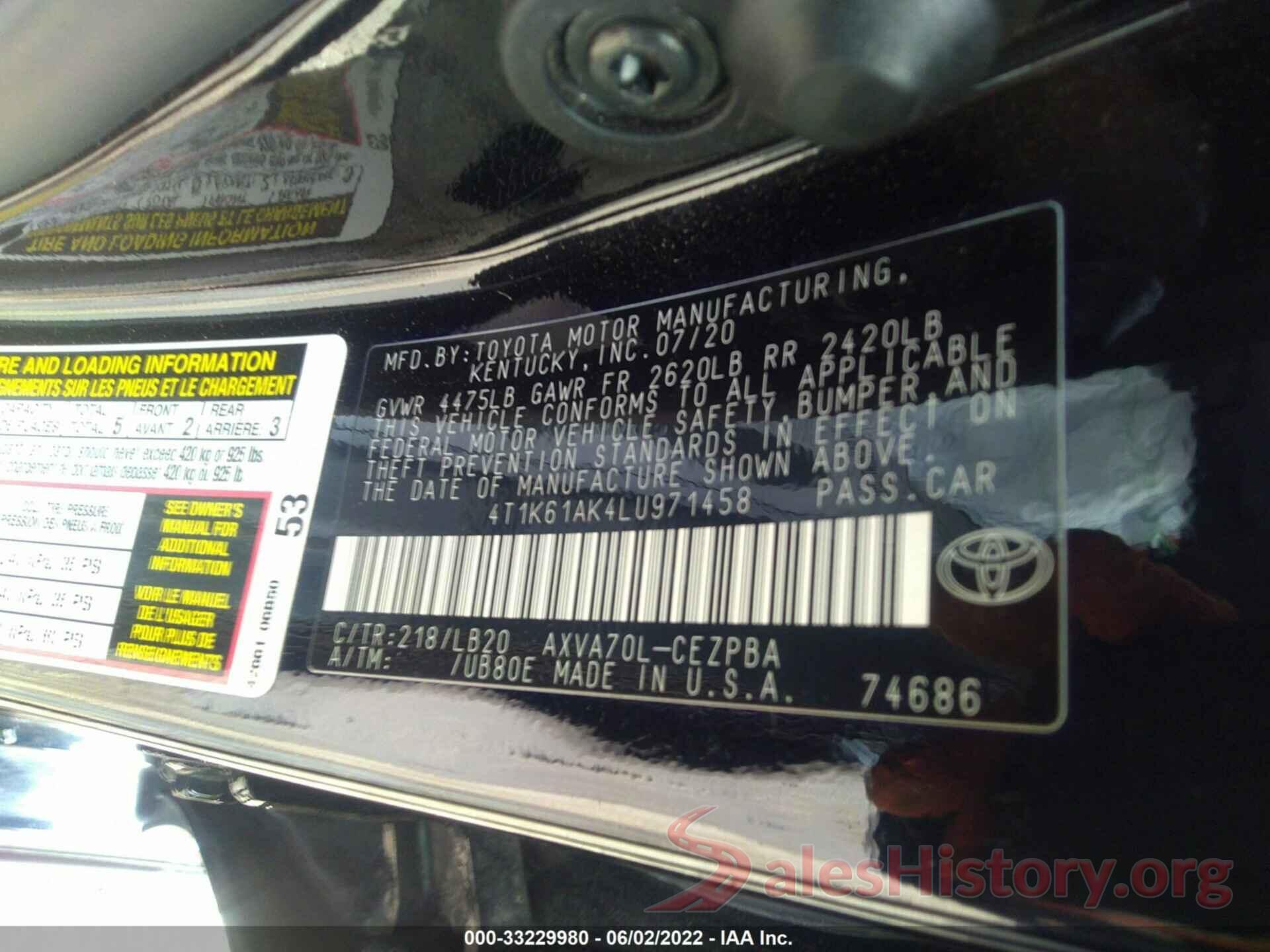 4T1K61AK4LU971458 2020 TOYOTA CAMRY