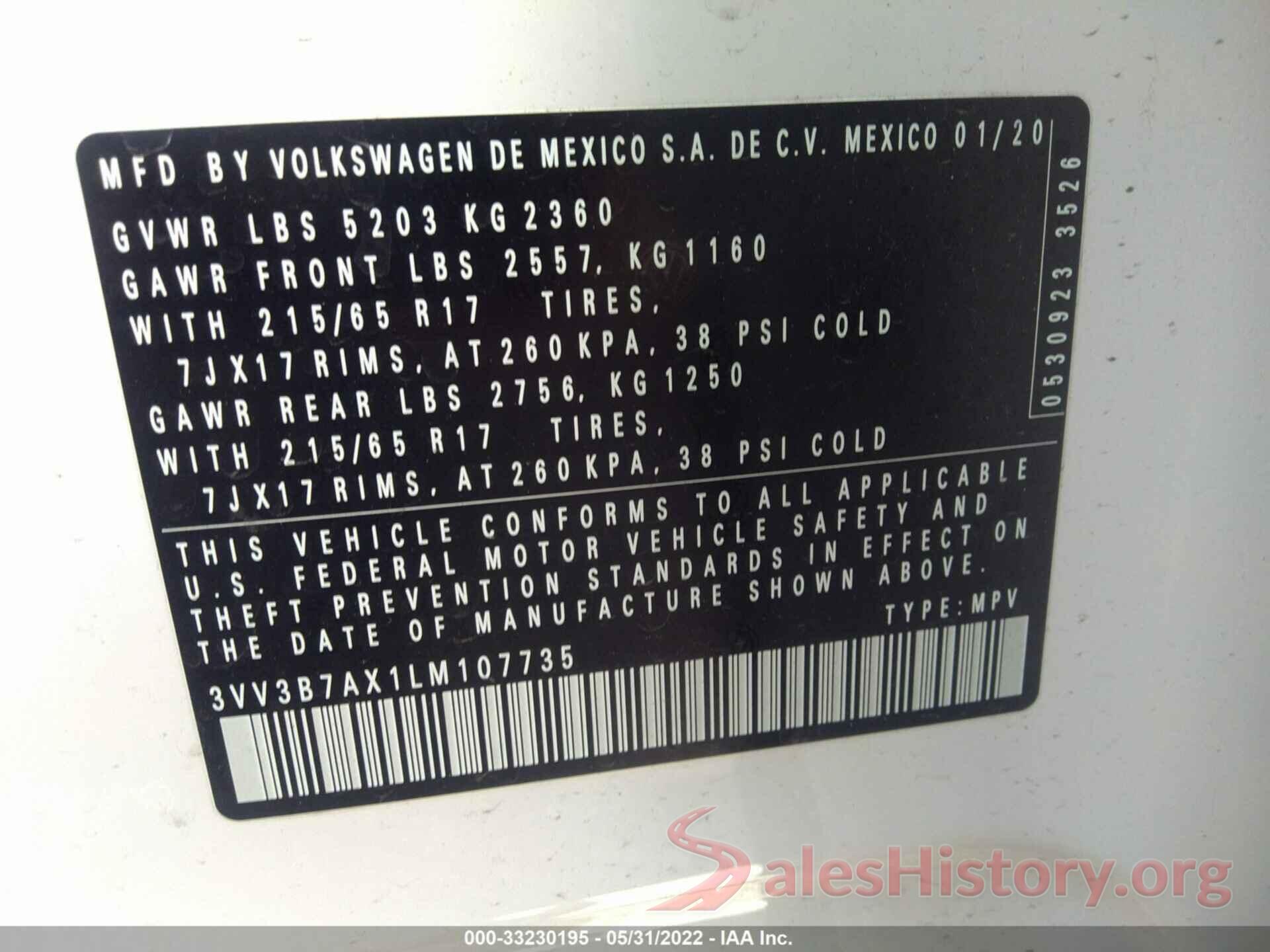 3VV3B7AX1LM107735 2020 VOLKSWAGEN TIGUAN