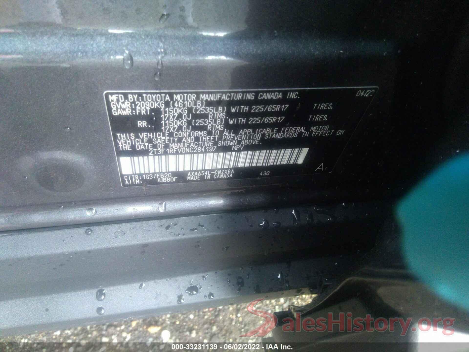 2T3F1RFV0NC284197 2022 TOYOTA RAV4