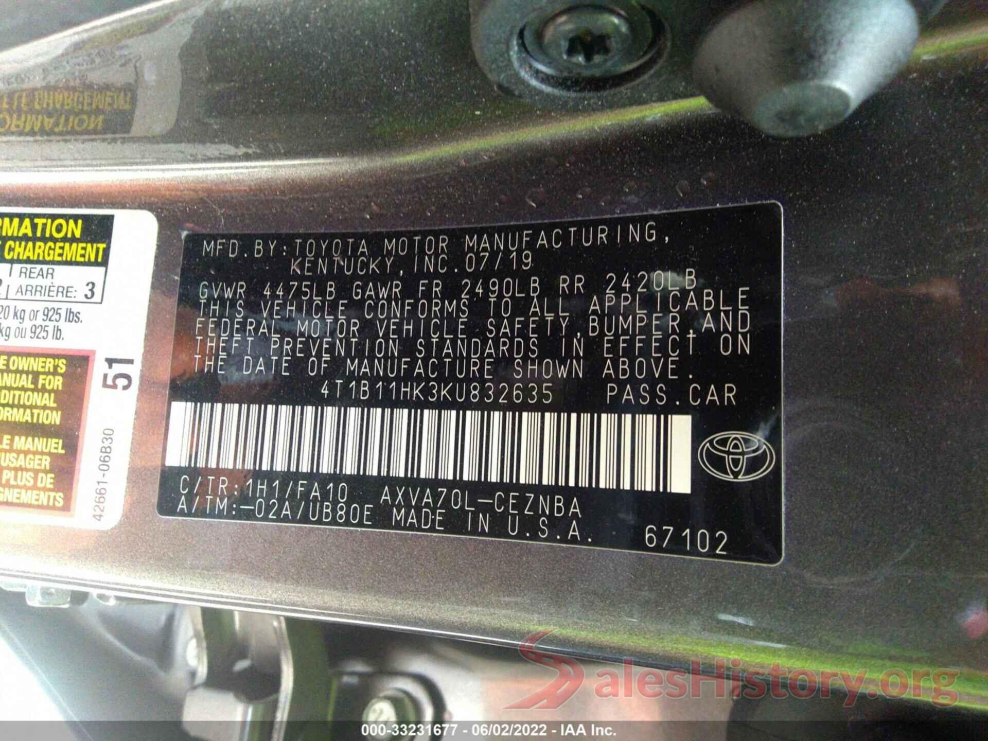 4T1B11HK3KU832635 2019 TOYOTA CAMRY