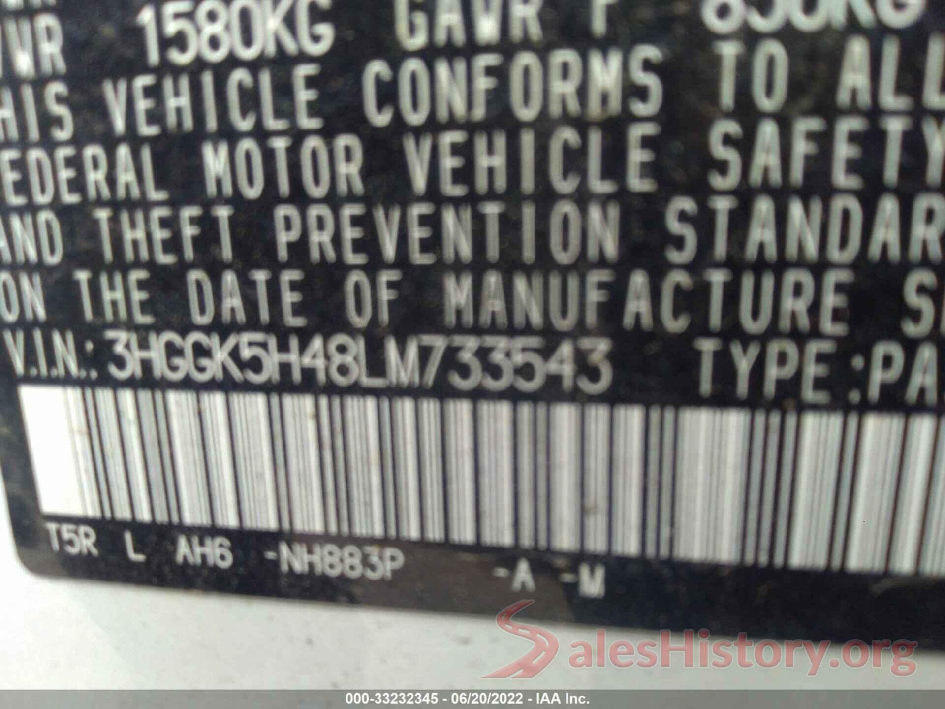 3HGGK5H48LM733543 2020 HONDA FIT