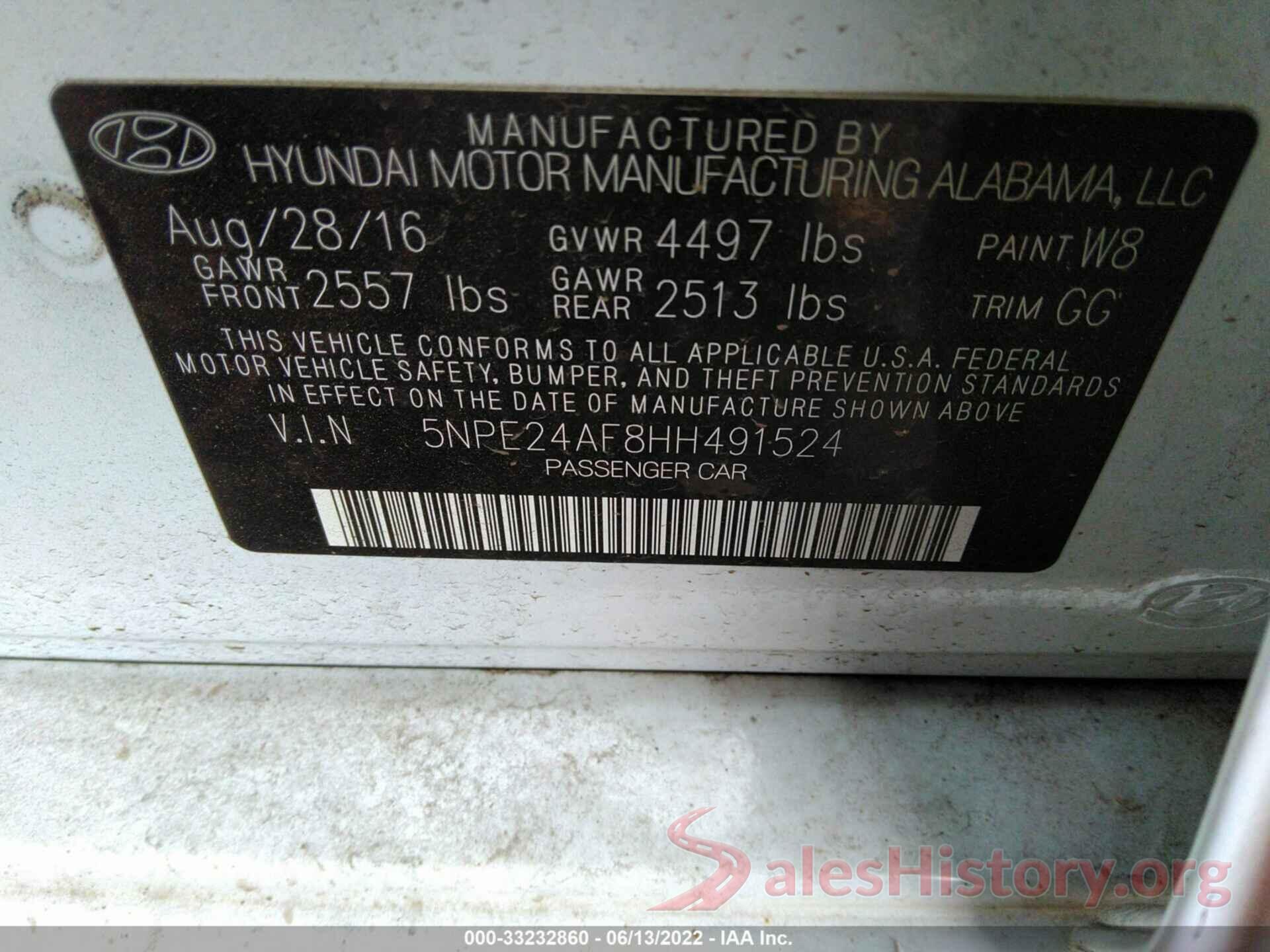 5NPE24AF8HH491524 2017 HYUNDAI SONATA