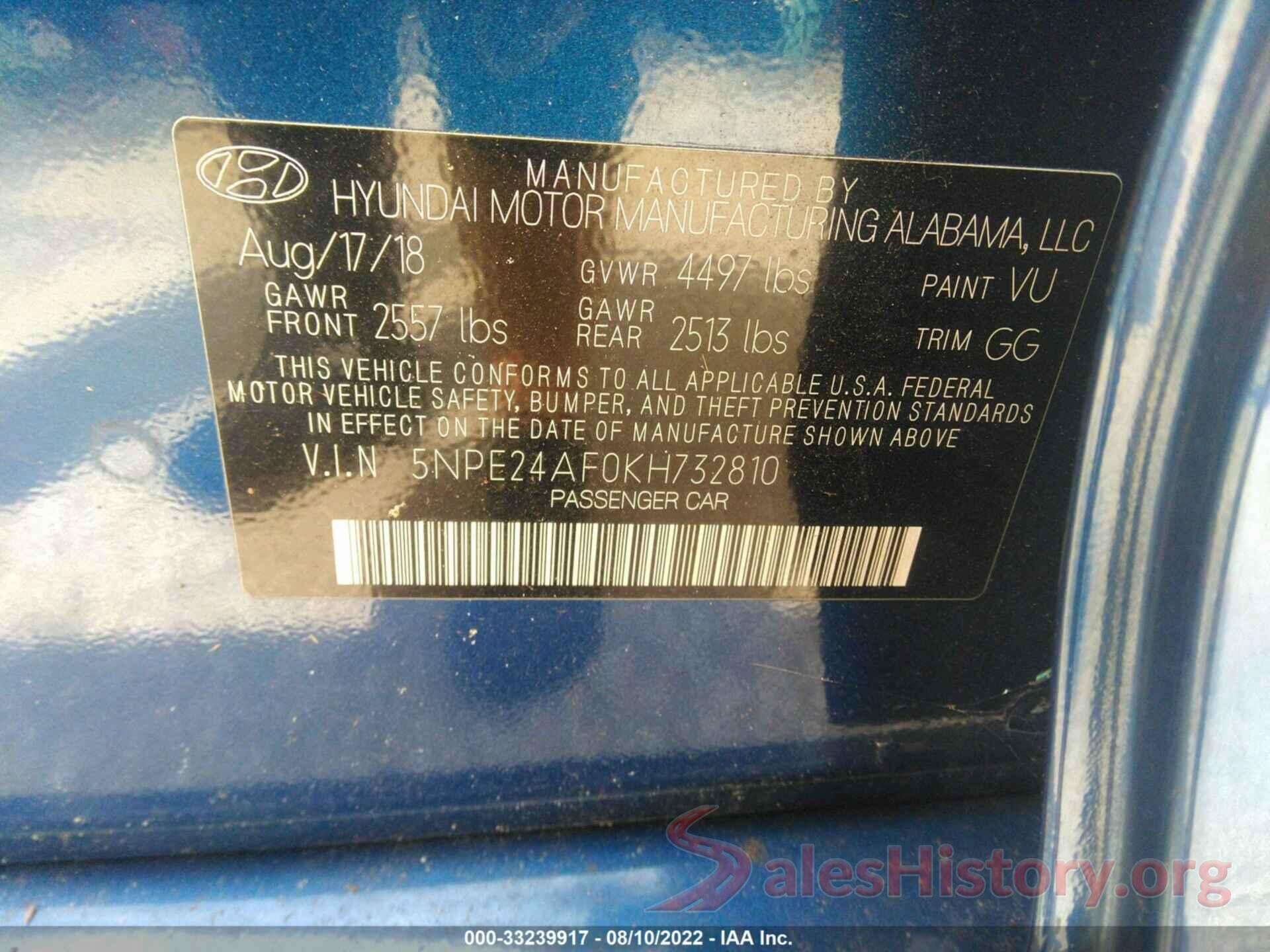 5NPE24AF0KH732810 2019 HYUNDAI SONATA